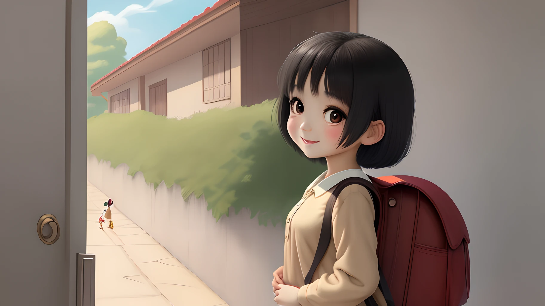 small oriental girl, Chinese eyes, short straight black hair on her shoulders, cheerful, dressed in a beige blouse, black school skirt, red backpack on her back, leaving the house, at the front door, very detailed image, for a children's book, cartoon style