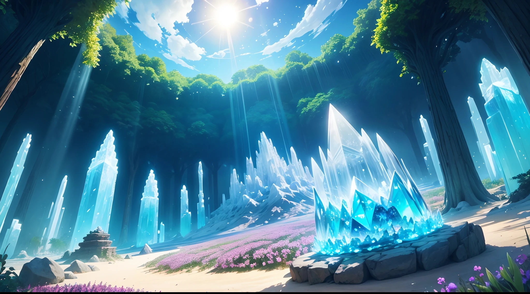 huge crystal transparent montain, sun, crystal forest, transparent crystal flowers, kundalini, ancient source energy, universe, galaxy, crystal planet, soul, chakras, summer, tropical forest