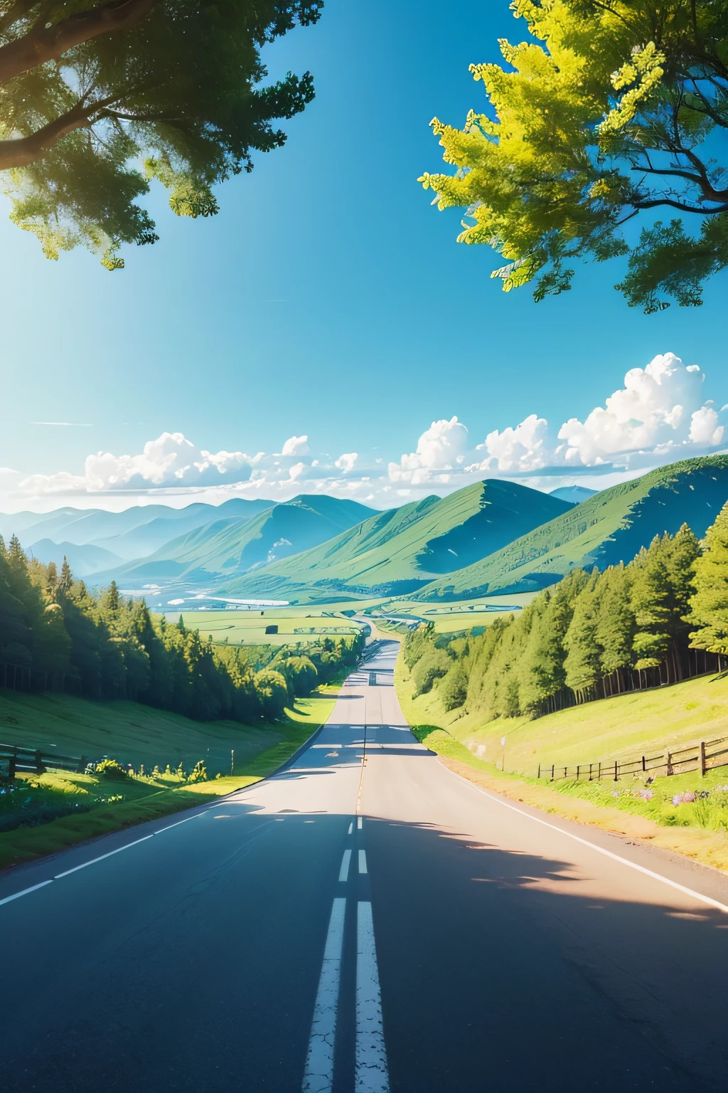 (open,road,sunny) (scenic,beautiful) (mountains:1.1,green) (blue sky) (trees,flowers) (car:0.9,driving) (hills,rolling) (fresh air) (serene atmosphere) (endless horizon) (vibrant colors) (natural beauty) (peaceful journey) (relaxing drive) (clear view) (bright sunlight) (gentle breeze) (refreshing feel) (open space) (journey of exploration) (sunshine) (serenity) (uninterrupted flow) (inviting path) (freedom) (adventure ahead) (tranquil scenery) (boundless possibilities) (pictorial landscape) (clear road) (blissful travel) (harmony with nature) (harmonious colors) (abundance of greenery) (bright and cheerful) (endless possibilities) (wonderful sights) (vast open skies) (unveiling beauty) (wide open world) (breathtaking view).