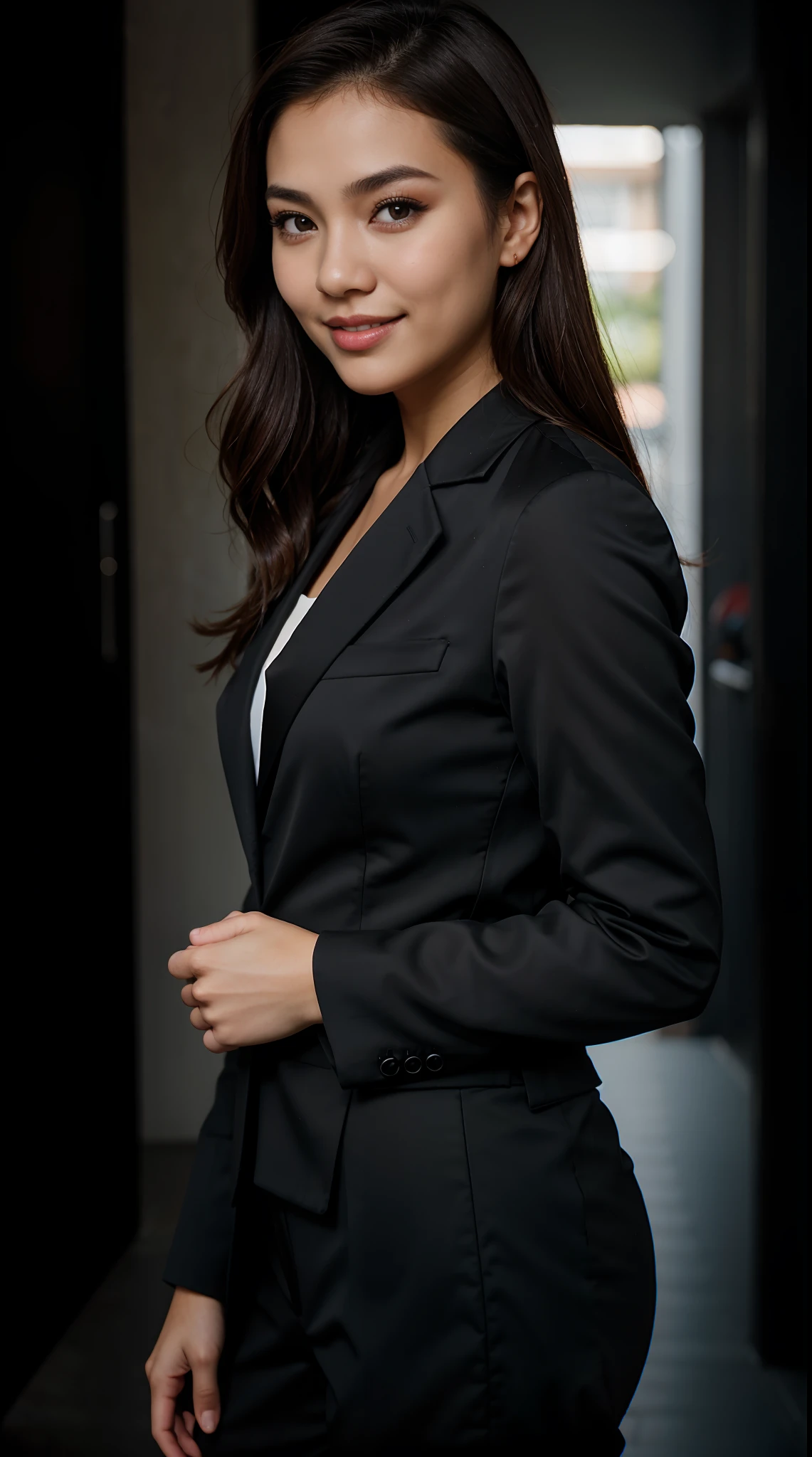 RAW Photo, DSLR BREAK (kkw-ph1:0.9) BREAK portrait of 1 young 20yo woman, brown hair, wearing black and grey suit, perfect eyes, perfect lips, perfect nose, professional color graded, wonderful woman, dark background, cute woman. filipina, pinay, filipino woman, smiling