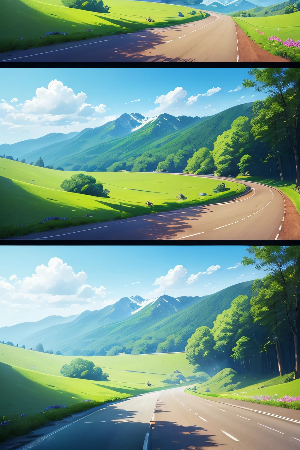 (open,road,sunny) (scenic,beautiful) (mountains:1.1,green) (blue sky) (trees,flowers) (car:0.9,driving) (hills,rolling) (fresh air) (serene atmosphere) (endless horizon) (vibrant colors) (natural beauty) (peaceful journey) (relaxing drive) (clear view) (bright sunlight) (gentle breeze) (refreshing feel) (open space) (journey of exploration) (sunshine) (serenity) (uninterrupted flow) (inviting path) (freedom) (adventure ahead) (tranquil scenery) (boundless possibilities) (pictorial landscape) (clear road) (blissful travel) (harmony with nature) (harmonious colors) (abundance of greenery) (bright and cheerful) (endless possibilities) (wonderful sights) (vast open skies) (unveiling beauty) (wide open world) (breathtaking view).