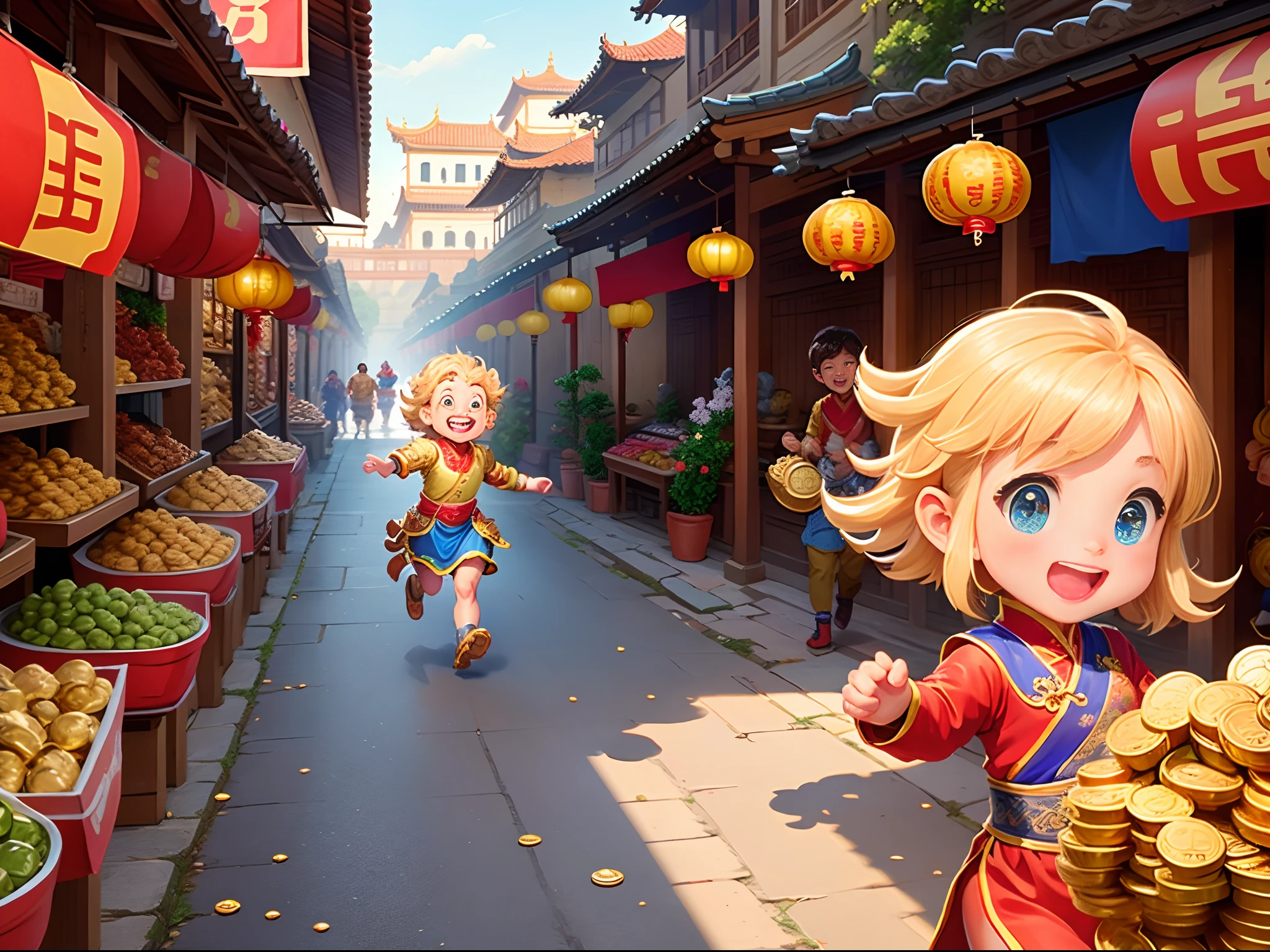 Pixel art，A child snatched some gold coins，Hold it in your arms，Gold coins were scattered，Laughing and running to the camera，Chinese style architecture，Quaint market，The vendors laughed，Look at the kids，In the distance is a majestic palace
