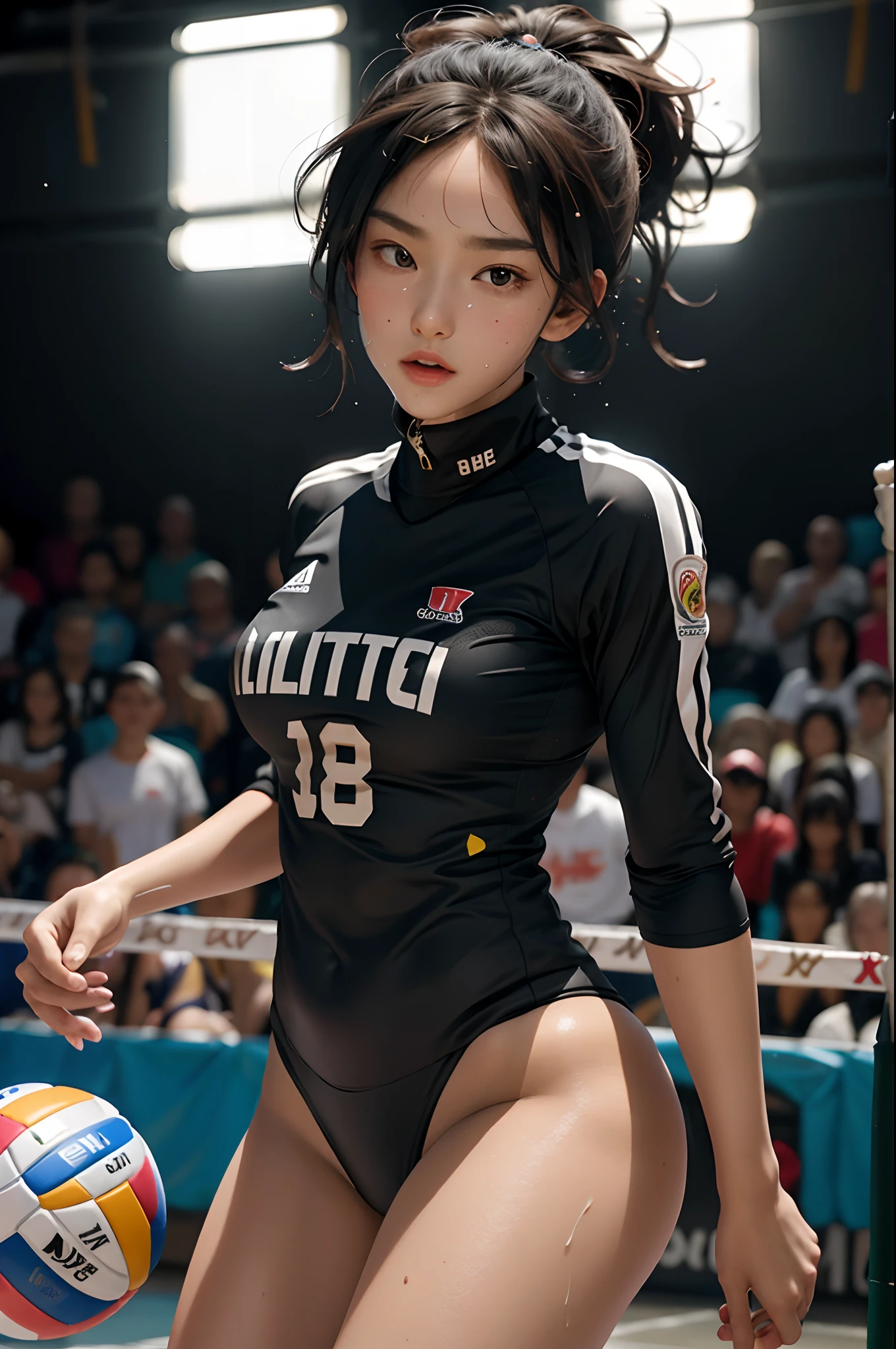 (Best Quality,8K,hight resolution,masuter piece:1.2),Ultra-detailed,Realistic:1.37,Portrait,Dynamic Angle,(Female volleyball players) ,Teenage girl,small head,Cute,Sporty,Charming face,Detailed beauty face,Very realistic skin,Wet skin,Sweat,Large breasts,nice legs ,Sporty,Volleyball Competition Venues　,Cinematic lighting,