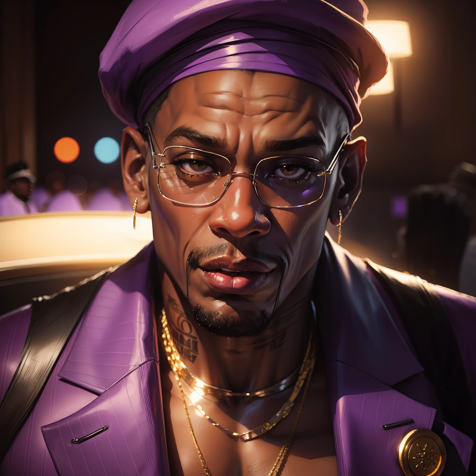 Dennis Rodman in mafia version, dressed in purple with gold jewelry, HD Portrait