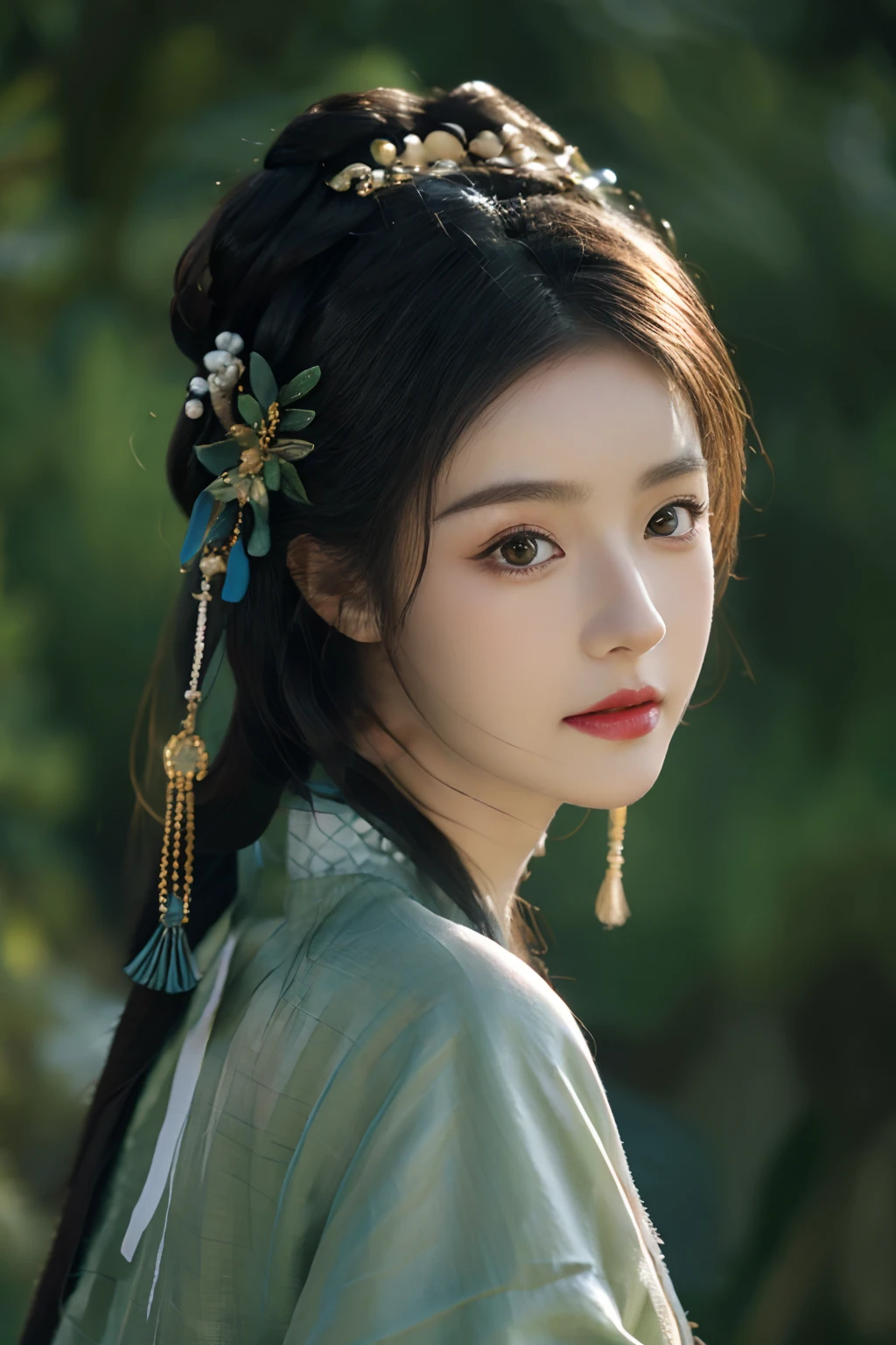 Best quality at best,tmasterpiece,超A high resolution,(photo-realistic:1.4),8K, RAW photogr, A high resolution, (((1girll, half-body portrait))), 独奏, Ancient Chinese Hanfu, Beautiful pattern, embroidered clothing, beautiful eyes in detail, long eyelasher, RAW photogr, face to the viewer, Close-up Shot Shot, ((( Landscape background))), The upper part of the body, ssmile, Beautiful hairstyle, hair adornments, Beads, jewelry, ((No action))