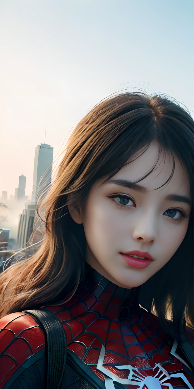 (1girl:1.3), Solo, (((Very detailed face)))), ((Very detailed eyes and face)))), Beautiful detail eyes, Body parts__, Official art, Unified 8k wallpaper, Super detailed, beautiful and beautiful, beautiful, masterpiece, best quality, original, masterpiece, super fine photo, best quality, super high resolution, realistic realism, sunlight, full body portrait, amazing beauty, dynamic pose, delicate face, vibrant eyes, (from the front), She wears Spider-Man suit, red and black color scheme, spider, very detailed city roof background, rooftop, overlooking the city, detailed face, detailed complex busy background, messy, gorgeous, milky white, highly detailed skin, realistic skin details, visible pores, clear focus, volumetric fog, 8k uhd, DSLR, high quality, film grain, fair skin, photo realism, lomography, futuristic dystopian megalopolis, translucent