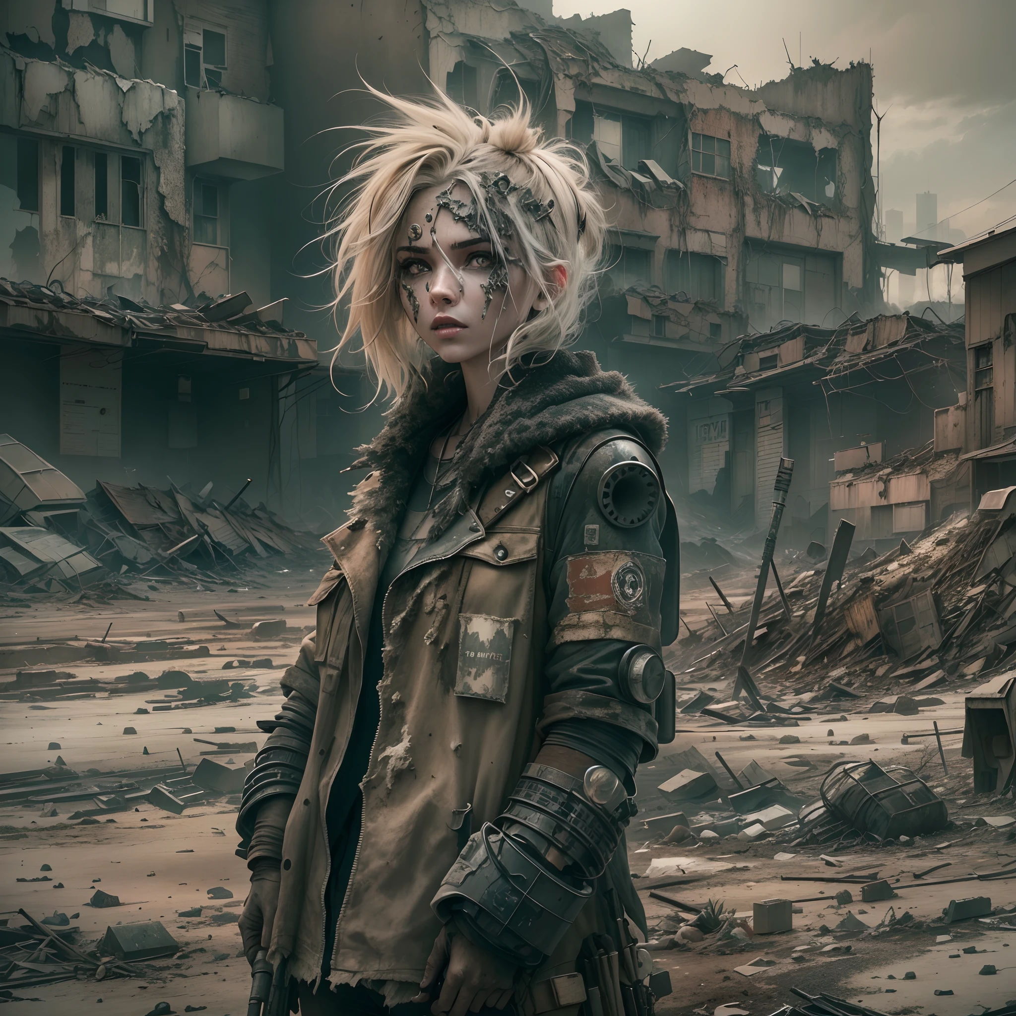 (Best quality at best,4K,8k,A high resolution,tmasterpiece:1.2),ultra - detailed,(current,realisticlying,Photorealistic:1.37),goki, dragon ball, super seiya 3, diamonds, urs, Crumbling town, Destroyed buildings, greybackground, large army, Detailed face, There are injuries on the face,Shoot from below, worn-out clothing, determined expression, rubble, smokes, Abandoned streets, desolated, post apocalyptic atmosphere, ruins, relics of the past, Bittersweet memories, overcast day, dramatic lights, cinematic compositions