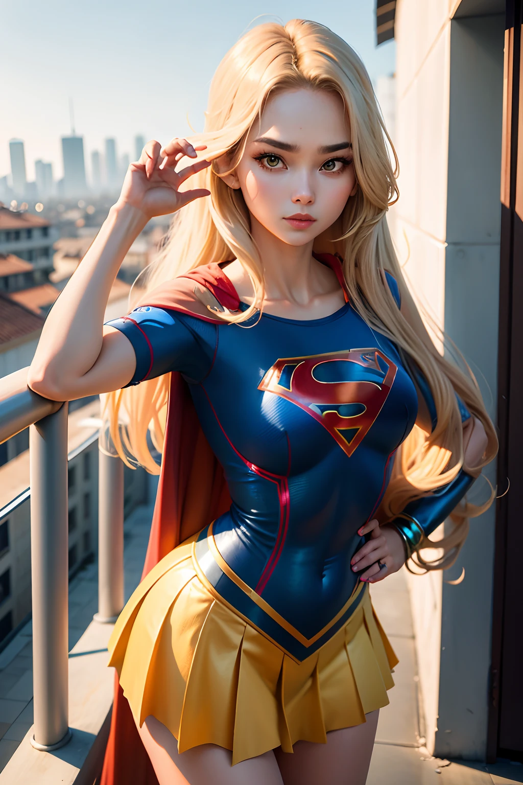 ((melhor qualidade, obra-prima, absurdo) , Supergirl , 19 anos,cabelos longos loiros, cabelos volumosos, cabelos soltospres, olhos expressivos azuis,Seios enormes, Supergirl usando uniforme escolar coreano, terrace of a building, vista de outros predios ,dia, Exotic pose.