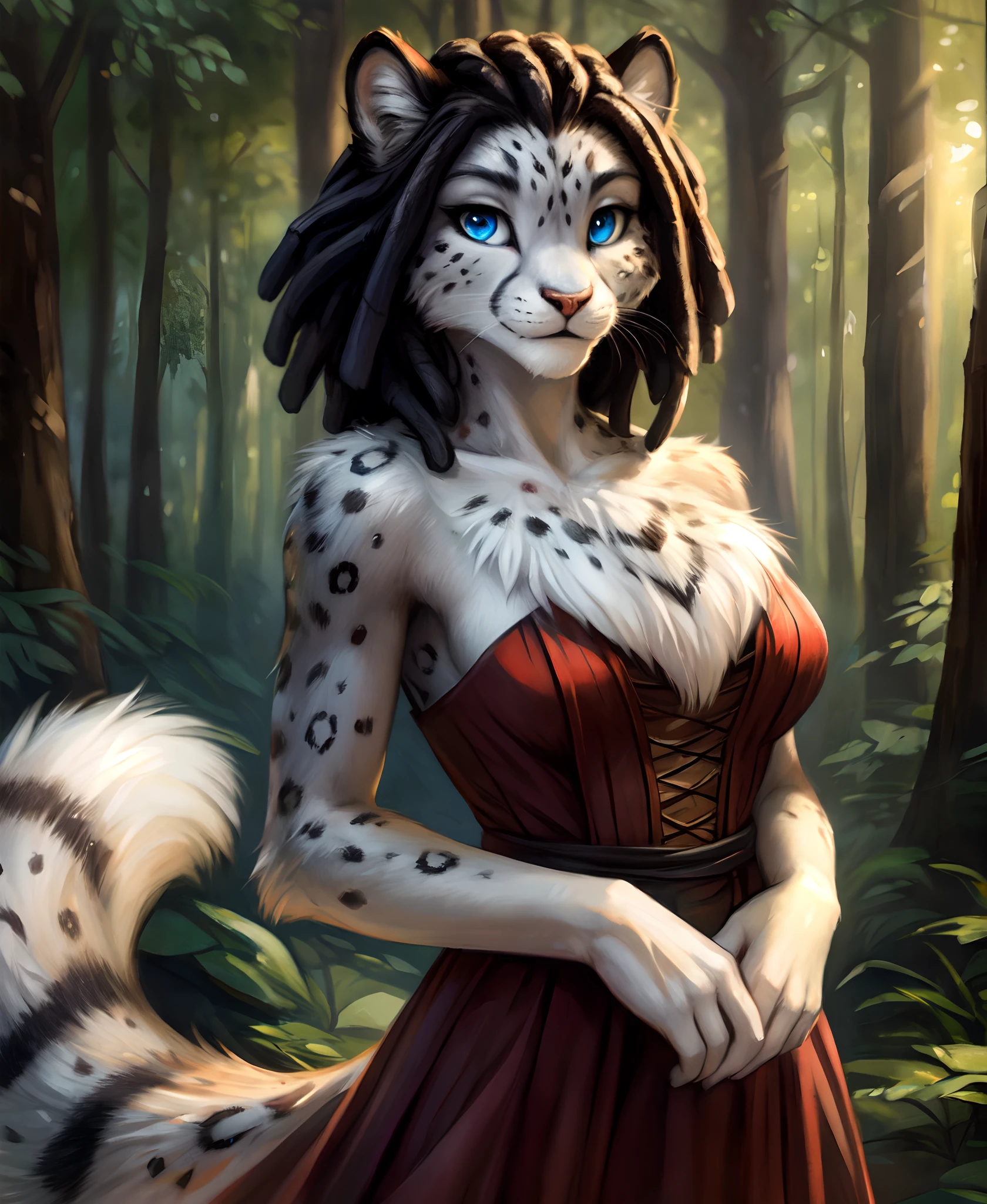 by kenket, by totesfleisch8, (by thebigslick, by silverfox5213:0.8), (by syuro:0.2),, adira-riftwall, adira riftwall, twokinds, by tom_fischbach,, (best quality, masterpiece:1), solo, furry female Snow Leopard, blue eyes, dreadlocks, black hair, short hair, portrait, fingers, finger claws, looking at viewer, snow leopard tail, huge tuft of hair on the chest, (outdoors dark forest trees blurry blurred background:1.1), , Women's Renaissance Dress