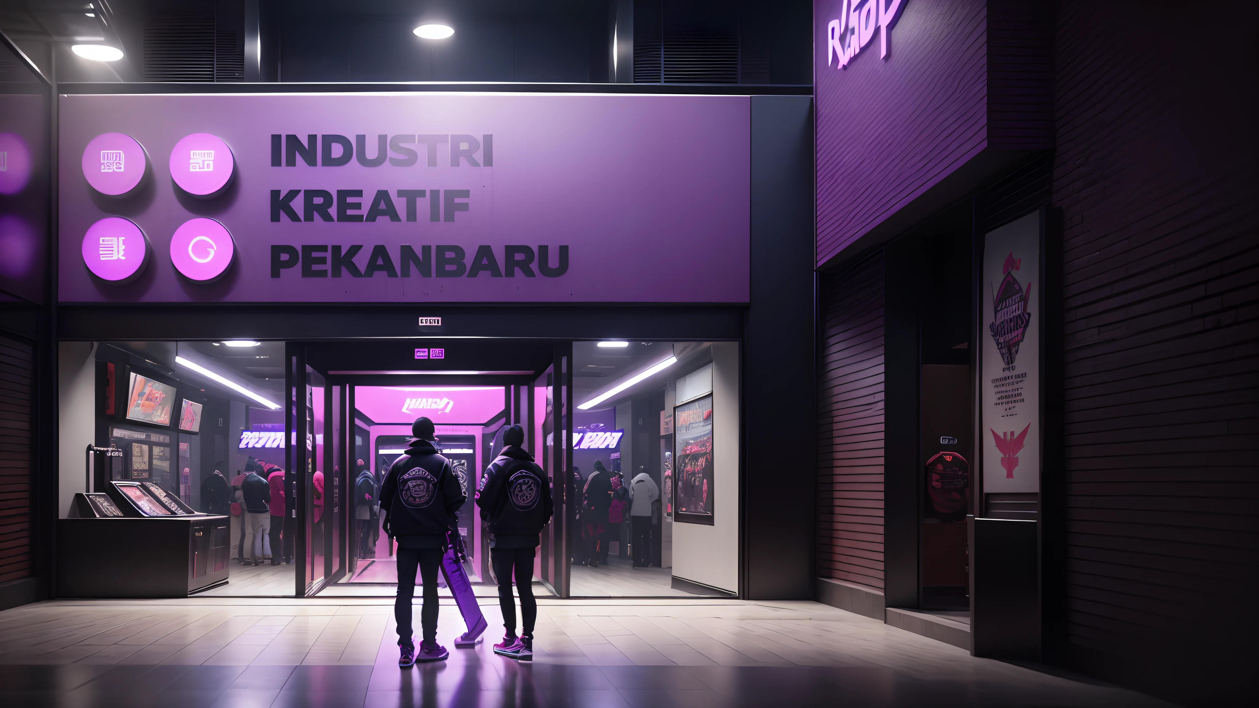 RAW Photo, outside view of the Epic Game Zone in Mall, Retro Game, (front view), Japan, (3D Text, 3D Logo, Detail Text, embossed letters), (Masterpiece Architecture), Extreme detail, Purple, (People, Street wear), (embossed text and logo). Cyberpunk.