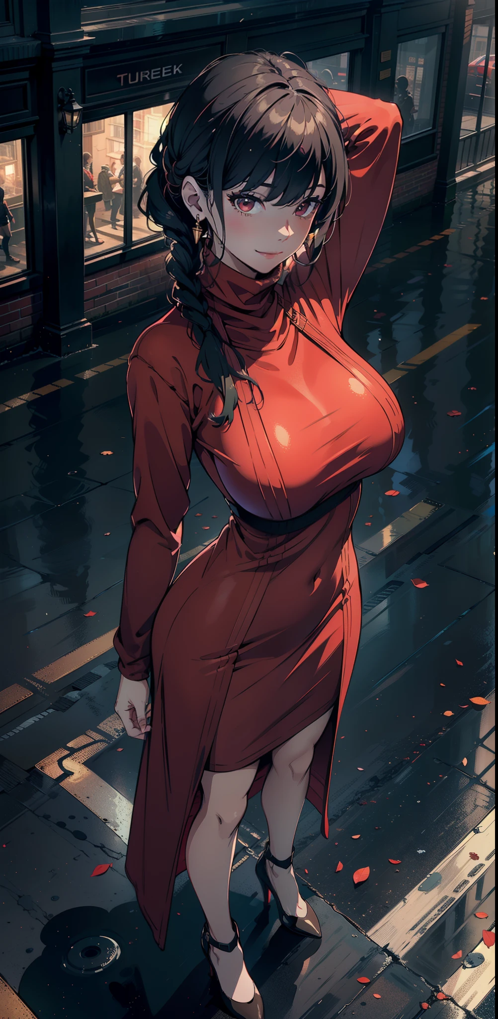 1girl:1.5, masterpiece,(in the middle of the city:1.5), raw color, 8k, illustrator, masterpiece, high quality, 8k, high resolution, high detailed, midriff, high quality, （very detailed cg unity 8k wallpaper），best qualtiy，cinematic lighting, ultra - detailed，masterpiece，）, (cleavage:1), (bodypress turtleneck dress:1.5), (big breast), depth of field, front view, smirk smile, detail face, armpit, full body, (highheels), (hollow chest:1.5)