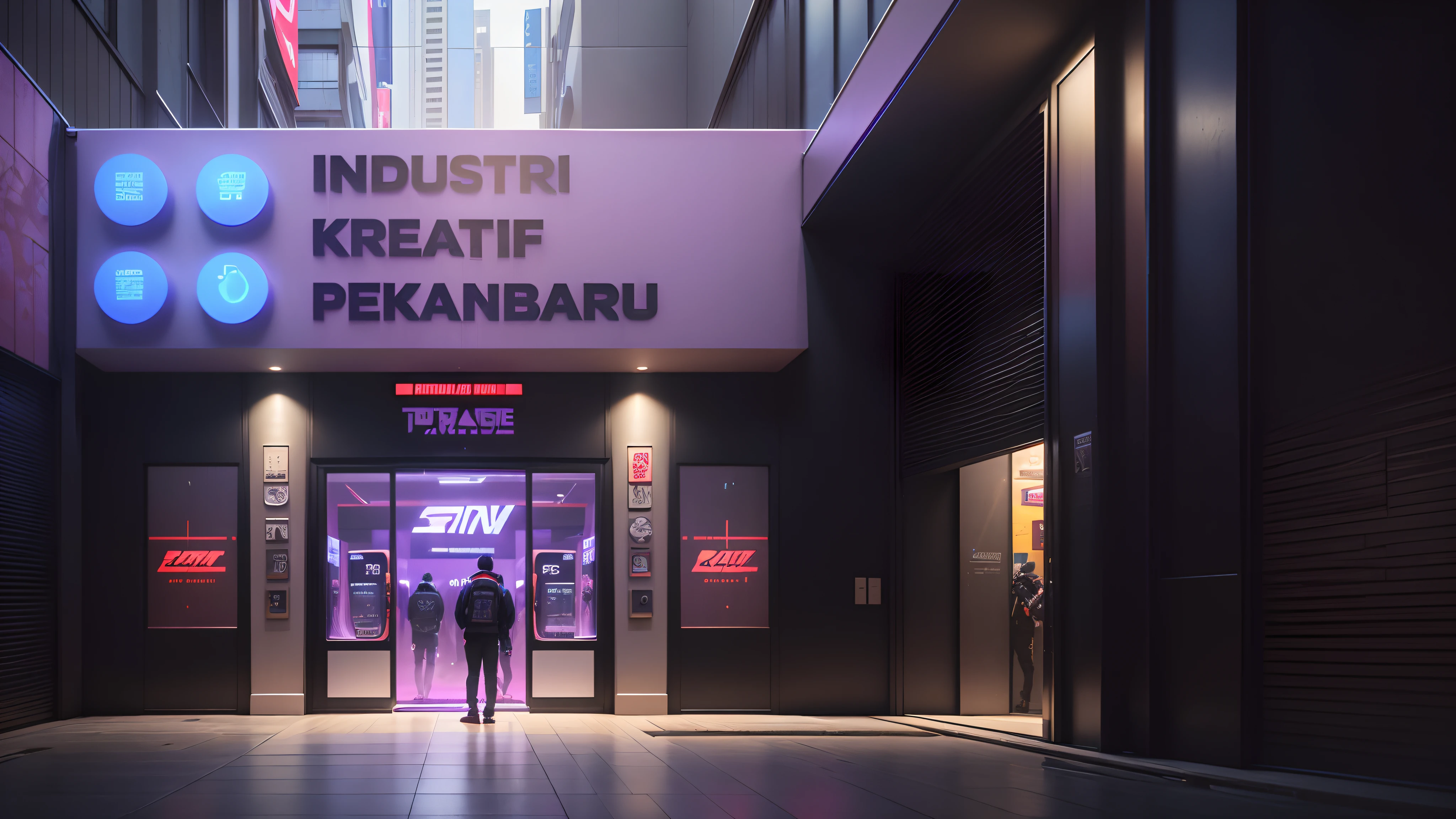 RAW Photo, outside view of the Epic Game Zone in Mall, Retro Game, (front view), Japan, (3D Text, 3D Logo, Detail Text, embossed letters), (Masterpiece Architecture), Extreme detail, Purple, (People, Street wear), (embossed text and logo). Cyberpunk.