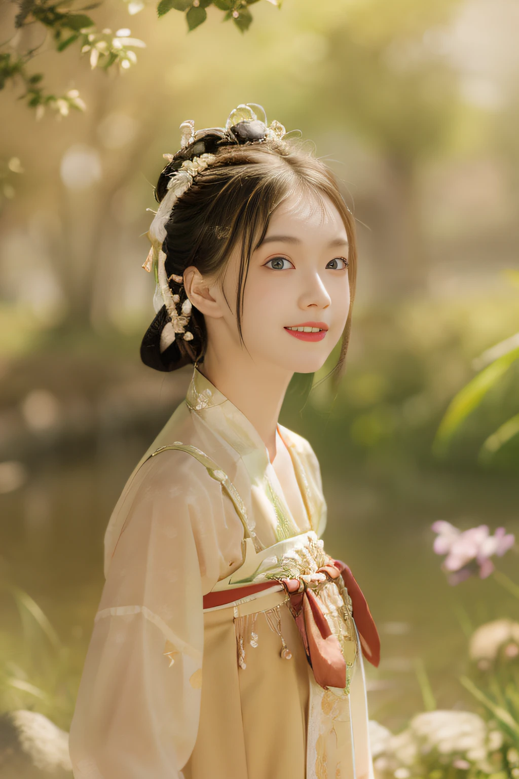 Best quality at best, tmasterpiece, 超高分辨率, (photo-realistic:1.4), 1girll, eyes with brightness,Sun-kissed skin,Carefree expression, Gentle wind,playful pose,dynamic compositions,Golden hour lighting,vague background,rich colours,finely detailled,hyper realisitc,Portrait Photogram,35mm film, The upper part of the body, Close-up Shot Shot,(Hanfu,tang style outfits), ((Landscape background)), 16k