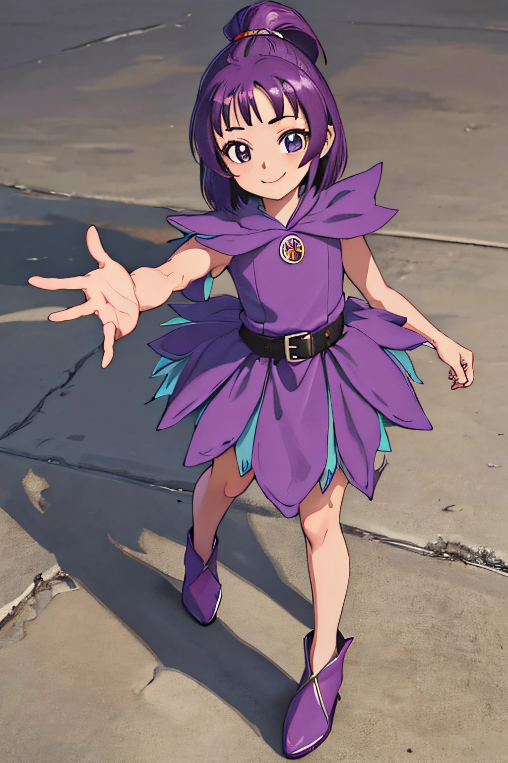 (masterpiece, best quality;1.3), extremely detailed picture, ultra detailed, segawa onpu, onpucos01, onpuwitch01, purple dress, smile, looking at viewer, from above, full body,