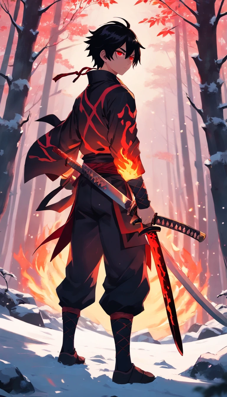 Demon slayer art style , 1 boy , short black messy hair , 1 red eye , 1 completely black eye , black and red samurai armor , Menpo style Japanese mask , with red and yellow flames , katana on hip , looking off screen , snowy forest background