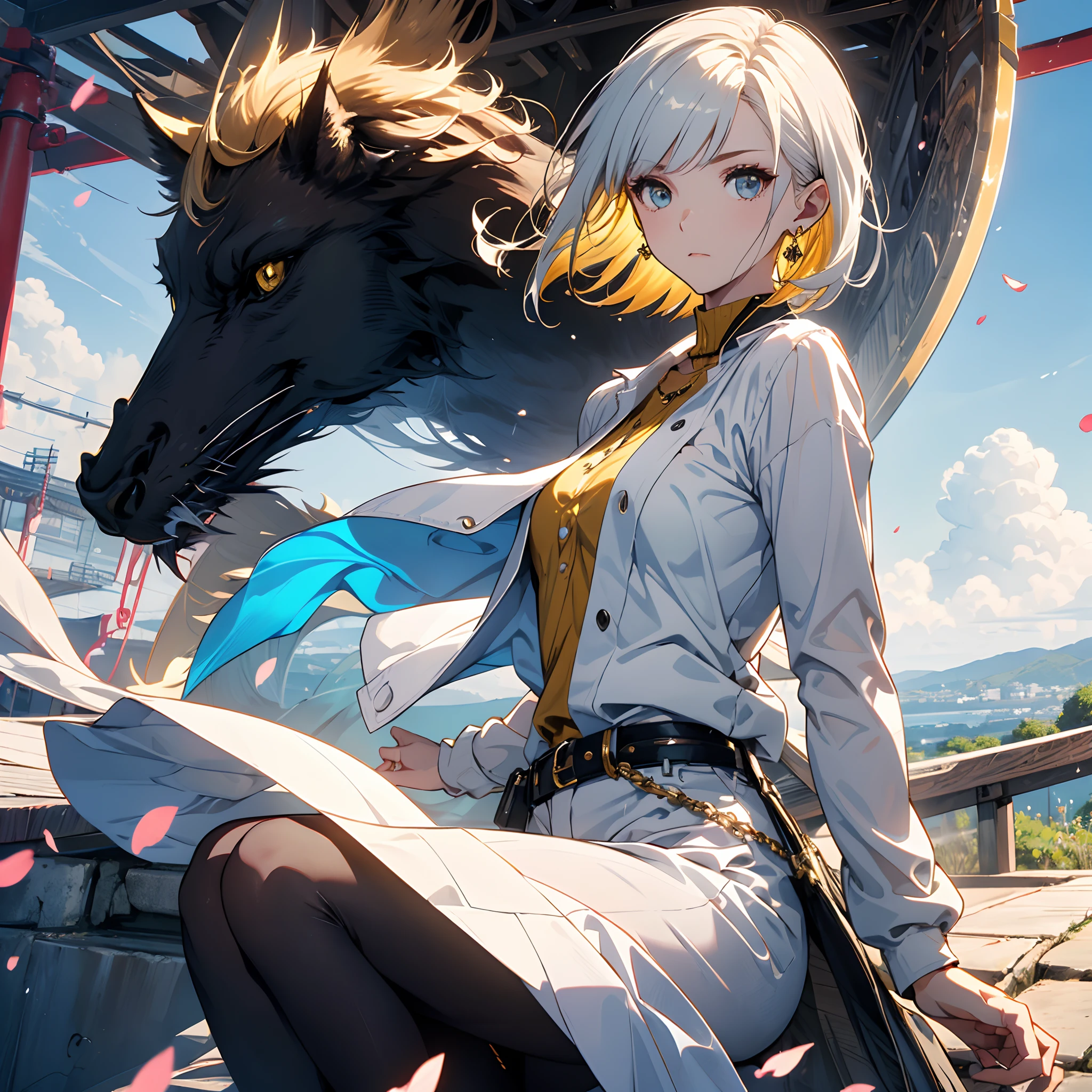 Girl with short white hair, yellow feline eyes, white jacket with small golden details, short white shirt, short white shorts, serious face, golden earrings, golden details in her clothes, extremely elegant, BREAK, torii sanctuary gate, hyper sky bluish, perfect clouds, wind movement, sakura petals, (ultra-realistic), {extremely detailed 8k CG unit wallpaper}, expansive landscape photography, (a panoramic view that prioritizes the character and elegance of the setting, wide open field view), (high angle photo), (high light: 1.4), (low light: 1.5), (warm light source: 1.5), complex details, (iridescent colors: 1, 7), (bright lighting), (atmospheric lighting), dreamy, elegant, magical, majestic, (solo: 1.2)