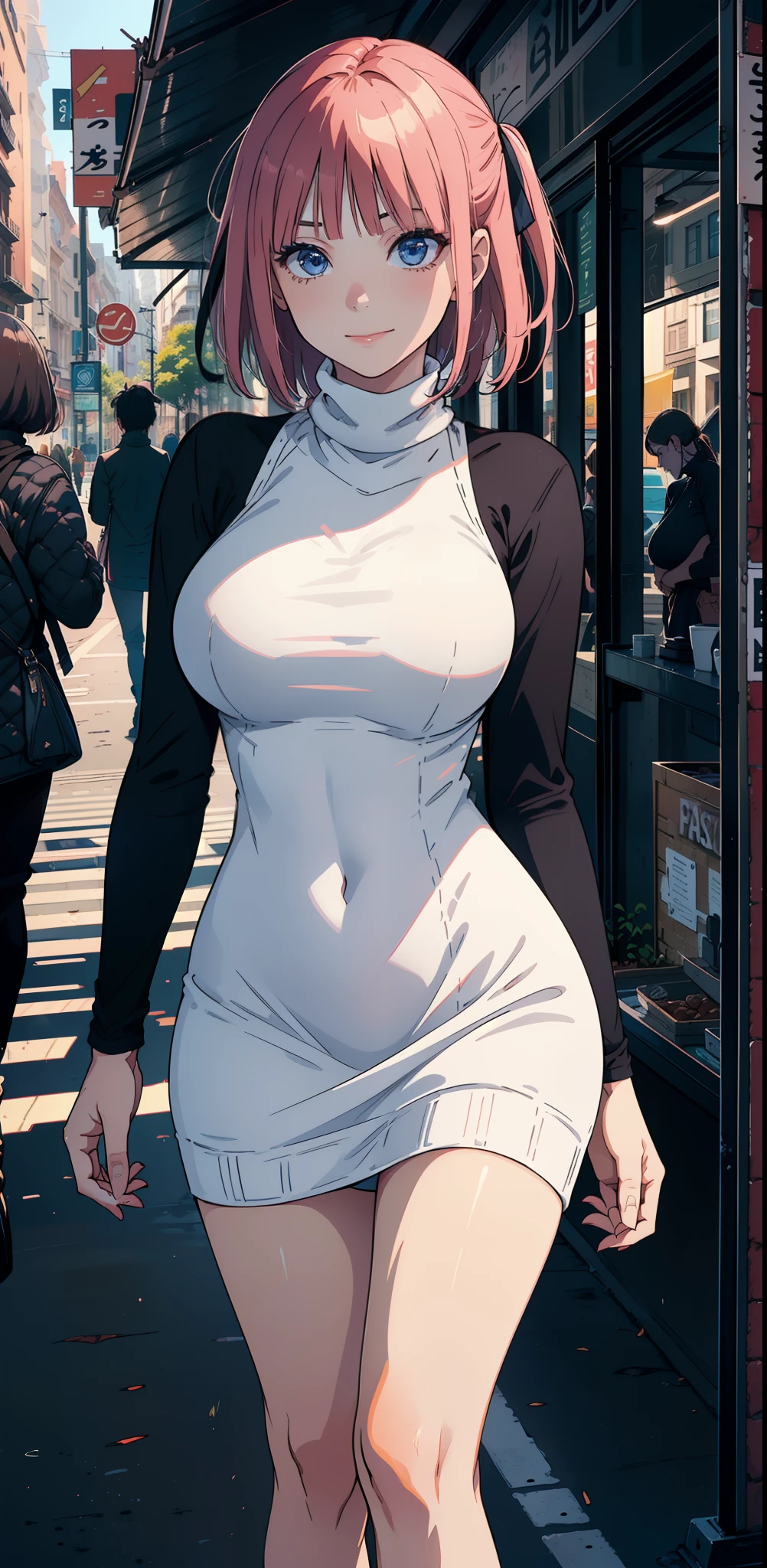 1girl:1.5, masterpiece,(in the middle of the city:1.5), raw color, 8k, illustrator, masterpiece, high quality, 8k, high resolution, high detailed, midriff, high quality, (very detailed cg unity 8k wallpaper),best qualtiy,cinematic lighting, ultra - detailed,masterpiece,), (cleavage:1), (bodypress turtleneck dress:1.5), (big breast), depth of field, front view, smirk smile, detail face, armpit, full body, (highheels), (hollow chest:1.5)