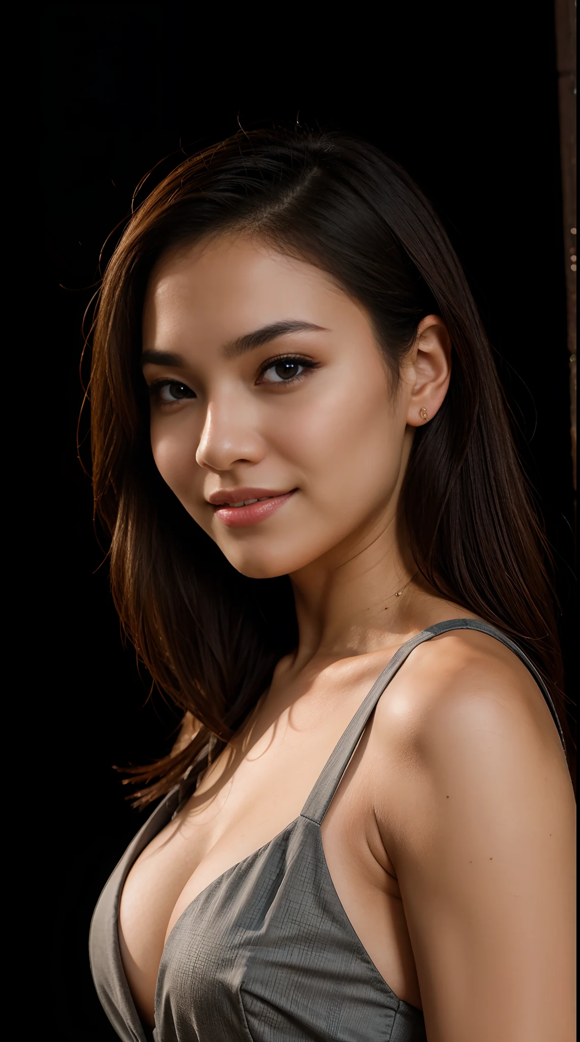 arafed instagram supermodel, filipino features, mid-length brunette hair, pale skin, perfect face, looking hot, victoria secret body, ylona, harsh polaroid flash, vintage quality, in the night, dark background, one girl, vogue, black silk