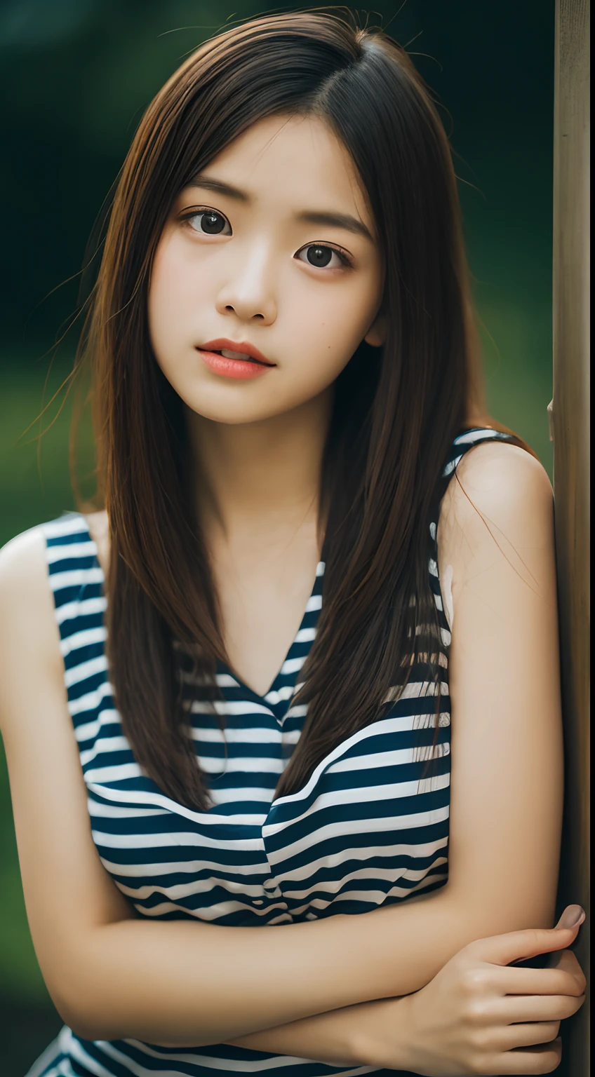 bulging chest、masutepiece, Best Quality, 8K, 15yo student, Teen, Raw photo, absurderes, award winning portrait, Solo, Night, neons, Idol face, violaceaess, gardeniass, Delicate girl, Upper body, Digital SLR, Looking at Viewer, Candid, Sophisticated, zora々Right, Thin arms, Professional Lighting, Film grain, chromatic abberation, (Eyes and faces with detailed:1.0), (Bokeh:1.1)