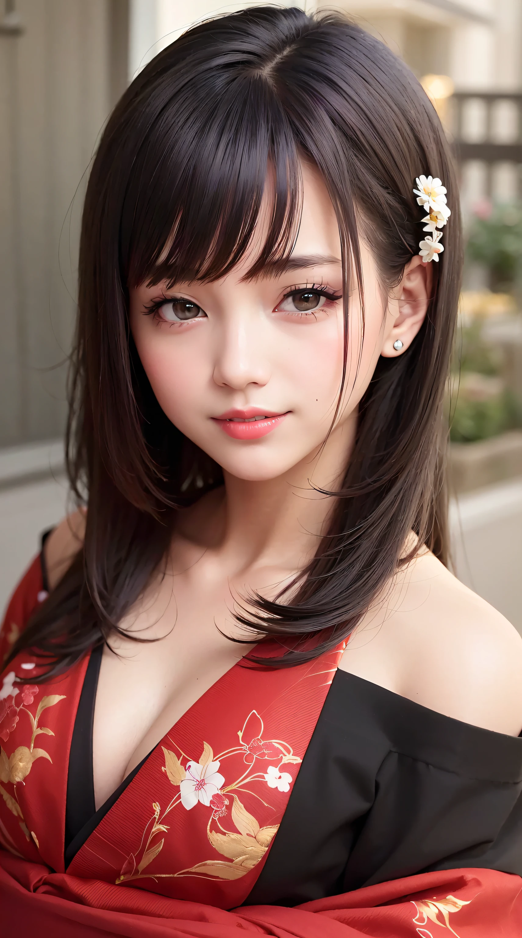 best quality, masterpiece, ultra high res, RAW, 8k, ultra-realistic, girl, offshoulder, smile, natural light, detailed skin, (black hair:1.4), red lipstick, (Bangs:1.2), ((Sakura Background)), extremely beautiful eyes, wearing kimono_clothes, Red Kimono