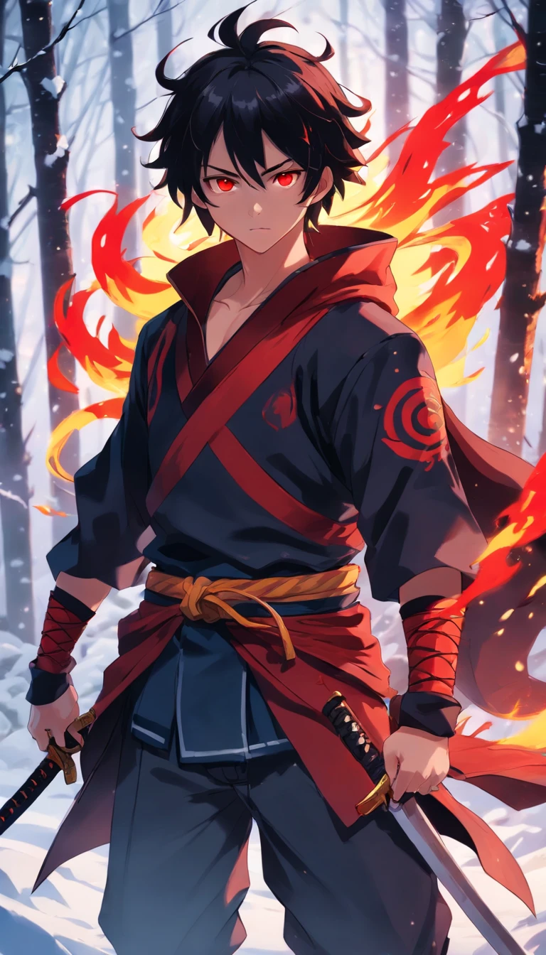 Demon slayer art style , 1 boy , short black messy hair , red eyes , black and red samurai armor , Menpo style Japanese mask , with red and yellow flames , katana on hip , looking off screen , snowy forest background , high quality , masterpiece