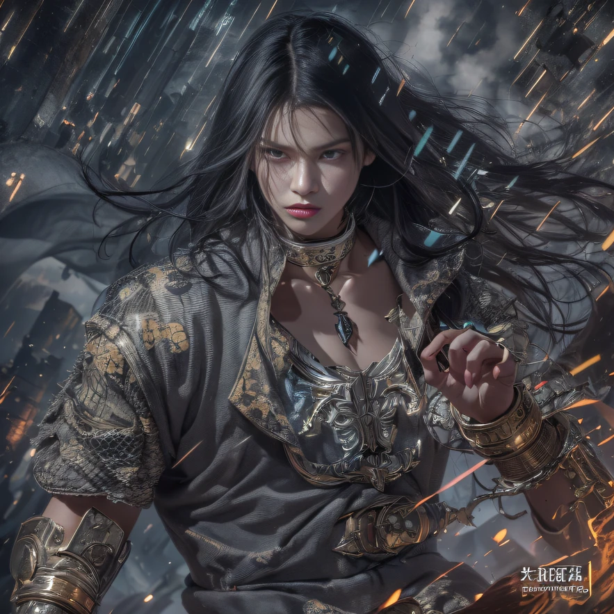 Trailer poster effect(Explosive ruins)The eyes are full of confusion,He clenched his fists,Rush up,Deliver a fatal blow to your opponent,full bodyesbian,Full Body Male Mage 32K(tmasterpiece,k hd,hyper HD,32K)Flowing black hair,Campsite clutter,zydink, a color, patriot (Doomsday ruins), (Linen batik scarf), Angry fighting stance, looking at the ground, Batik linen bandana, Chinese python pattern long-sleeved garment, (Abstract propylene splash:1.2), Dark clouds lightning background,Flour flies(realisticlying:1.4),Black color hair,Flour fluttering,Background fog, A high resolution, the detail, RAW photogr, Sharp Re, Nikon D850 Film Stock Photo by Jefferies Lee 4 Kodak Portra 400 Camera F1.6 shots, Rich colors, ultra-realistic vivid textures, Dramatic lighting, Unreal Engine Art Station Trend, cinestir 800,Flowing black hair,(((Male mage))),The male mage was furious,Trailer poster effect