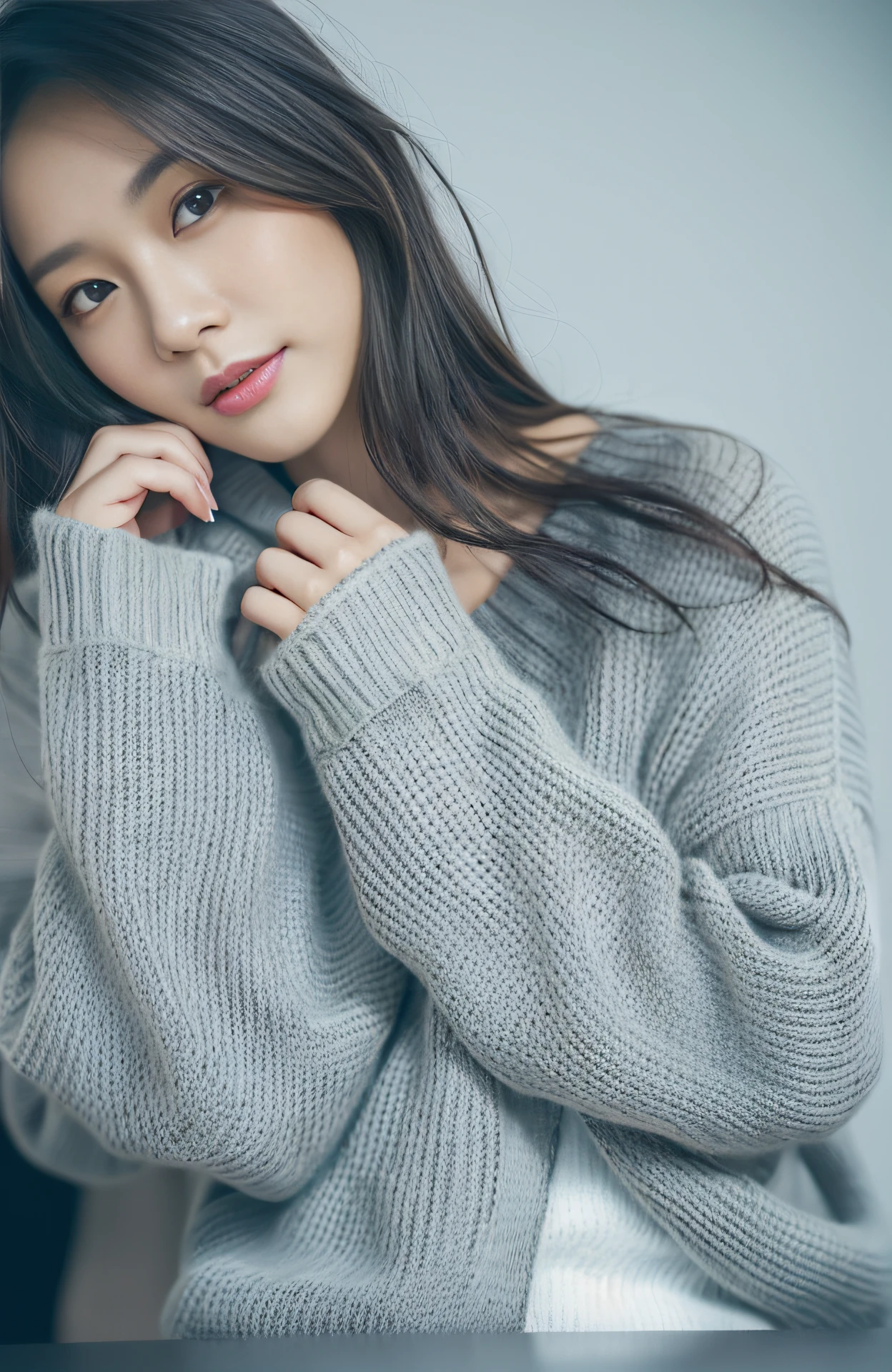 (masutepiece:1.3)、(8K、photographrealistic、Raw photography、top-quality: 1.4)、super definition、Anatomically correct、Textured skin、((((1girl in、Solo))))、((Shooting for one person only))、Beautiful expression、（Realistic face）、Korean model(A dark-haired,Center division、long:1.3）、Chinese models(A dark-haired、Center division、long:1.3)、More Korean than Chinese、Realistic eyes、real looking skin、Beautiful details、Beautiful skins、A charming smile、超A high resolution、（Hyper-realistic）、Anatomically correct、Textured skin、Sharp jawline、Perfect proportions 、((Plump bust))、Necklace, wearing black sweater,The fabric of the sweater is black