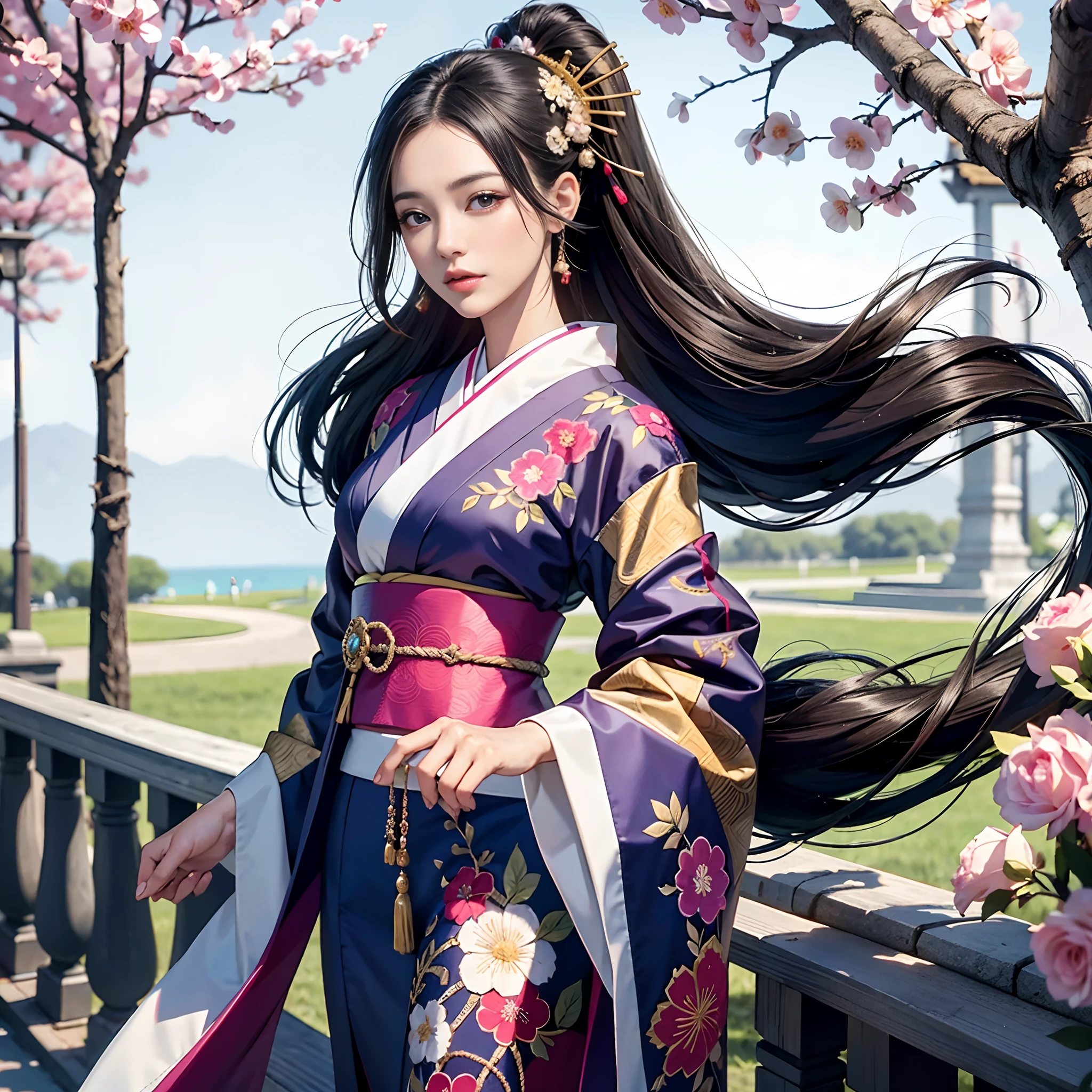 BRAEK,Background of details(a park(　)),BREAK,elaborate costume{Luxury kimono(Colorful kimono(detailed embroidery,))}、1womanl(Japanese actressl:1.2)(face perfect(Shy):1.2),Depicting a beautiful and classy adult woman,glossy dark hair(poneyTail:1.2),Heart in the eye, Wallpapers 16K,Blur the background with a sickle,((masutepiece)), ((Best Quality)),{{a portrait photo of}},full body Esbian