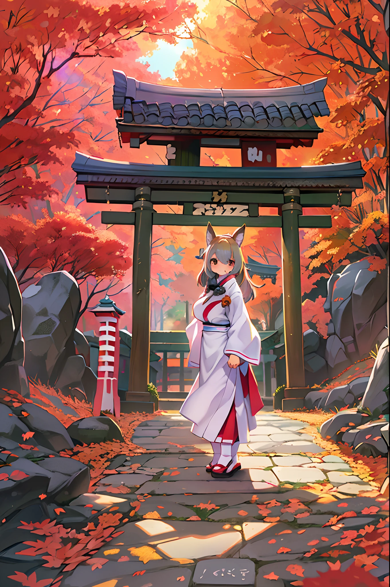 Fox Woman、body covered with fur、huge-breasted、kawaii、shrine maiden、Japan white clothes,Red Hakama、torii gate,((High Position))、A big smile、bbw、thick thight、big butts、Ultramammy,Chibi,Nanachi、Beautiful shrine scenery, autumn day,kaede、 Pines, Anime Background Art, japanese art style, beautiful anime scene, detailed scenery - width 672, Background art, Anime landscapes, Anime Background, Beautiful anime scenery, Beautiful peace scenes in anime, landscape artwork, Japan Village, Anime landscape concept art, 8K))、a lot of fallen leaves、Bamboo Bowl