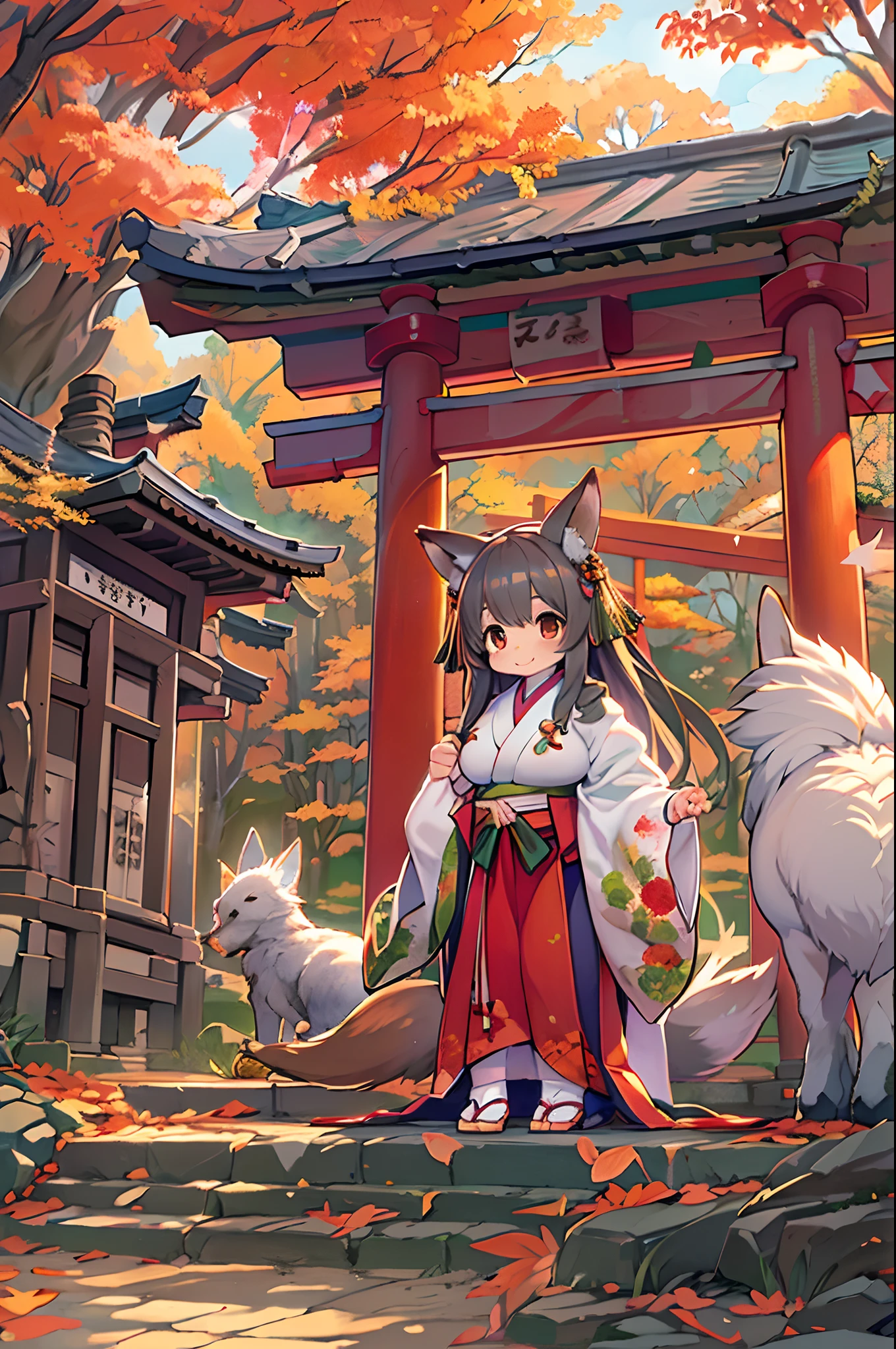 Fox Woman、body covered with fur、huge-breasted、kawaii、shrine maiden、Japan white clothes,Red Hakama、torii gate,((High Position))、A big smile、bbw、thick thight、big butts、Ultramammy,Chibi,Nanachi、Beautiful shrine scenery, autumn day,kaede、 Pines, Anime Background Art, japanese art style, beautiful anime scene, detailed scenery - width 672, Background art, Anime landscapes, Anime Background, Beautiful anime scenery, Beautiful peace scenes in anime, landscape artwork, Japan Village, Anime landscape concept art, 8K))、a lot of fallen leaves、Bamboo Bowl
