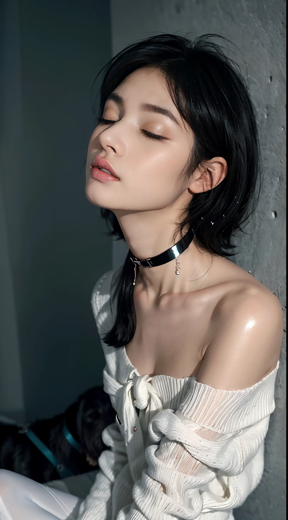 (shoulder-length straight short hair: 1.0),(black hair:1.5),（Extremely meticulous CG 8k wallpaper），（Extremely refined and beautiful），（Masterpiece），（best qualtiy:1.0），（Ultra High Resolution:1.0），beautiful light up，Perfect lightning，realistic shaded，[A high resolution],(Smooth and flawless fair skin:1.5),(shiny skin:1.5),Extremely exquisite facial details，ultra - detailed，A  girl，small head,(Tie a black dog collar around neck:1.5),dawn,Dim light,Close Shot,at home,in bedroom,lying flat on back in bed,Blue green background,(Close eyes:1.5), sleeping, fainting,(Painful:1.3) ,(open mouth:1.3),(drooling:1.4)，Top down overhead camera perspective，small face,（perfect body:1.1）,small breasts，flat chest，slim,(white sweater:1.5),(white pantyhose:1.3),Slender legs,m-legs,(femal orgasmic:1.5),(blush:1.3),ahegao,cowboy shot,portrait