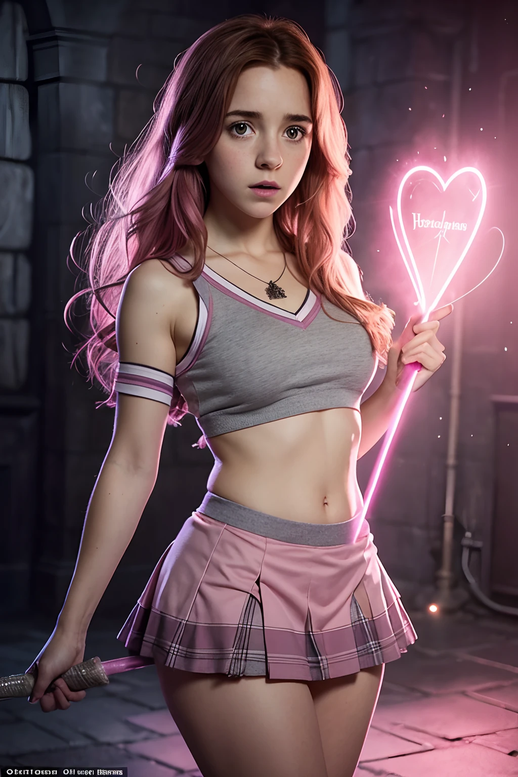 Hermione casting a spell, she is wearing her normal grey hogwarts uniform with a short schoolgirl skirt. her medium breasts are emitting a pink glow. Her face is surprised. Pink magic fills the air and hermione looks in shock at her massive breasts. (growing bust!!!) (hogwarts uniform) (tiny pink panties)