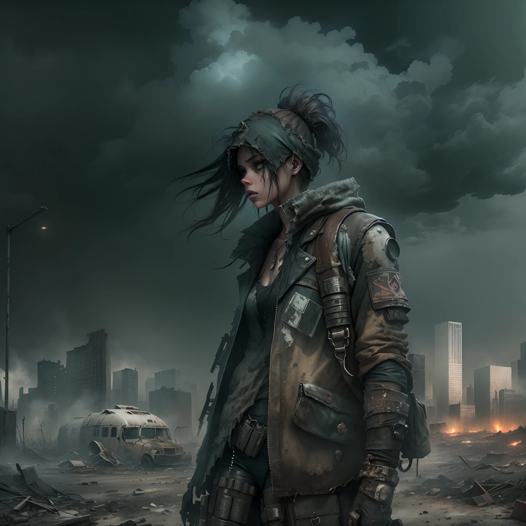 (((post apocalyptic city, Desolate atmosphere, Dystopian landscape))) Postmodern wasteland punk style singer,Jet flame