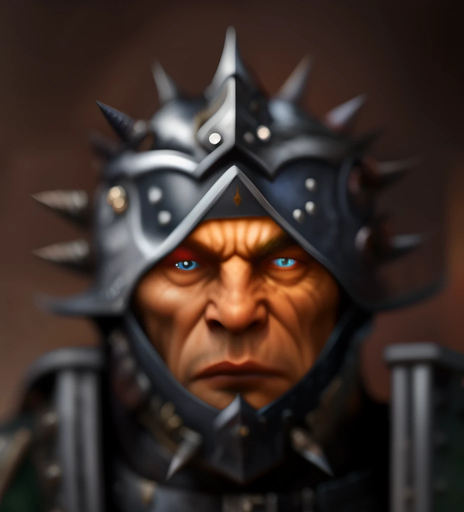 masterpiece, high quality, detailed photo, 8k, 4k, (1man), detailed head, detailed face, ultra-sharp focus, detailed eyes, detailed hair, (detailed head accessories), high resolution details, [detailed cloth|detailed armor|knight light armor:1], (metal helmet with spikes), heroes of might and magic hero portrait, man wearing a metal headdress with spikes, baldur's gate character portrait, hexen, epic portrait, baldur's gate, face of an armored villian, portrait of jerma985, w 4 0 k, portrait of an ork, spiked metal armor, quake strogg, berserker potrait