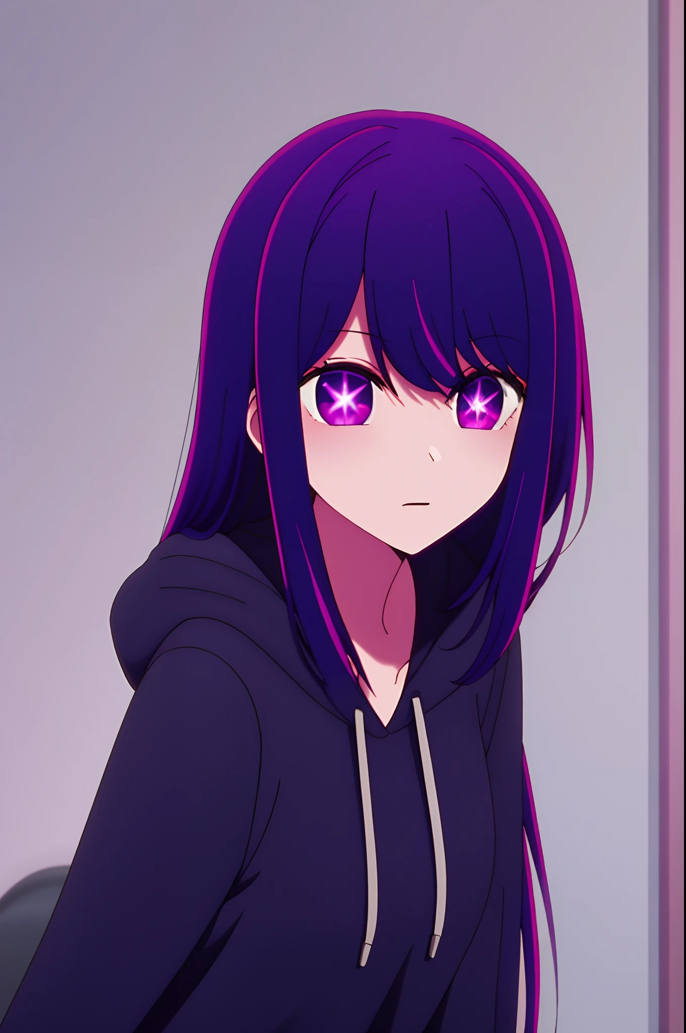 best quality, purple color hair, purple eyes, in a black hoodie, cute girl, hard breast, at home