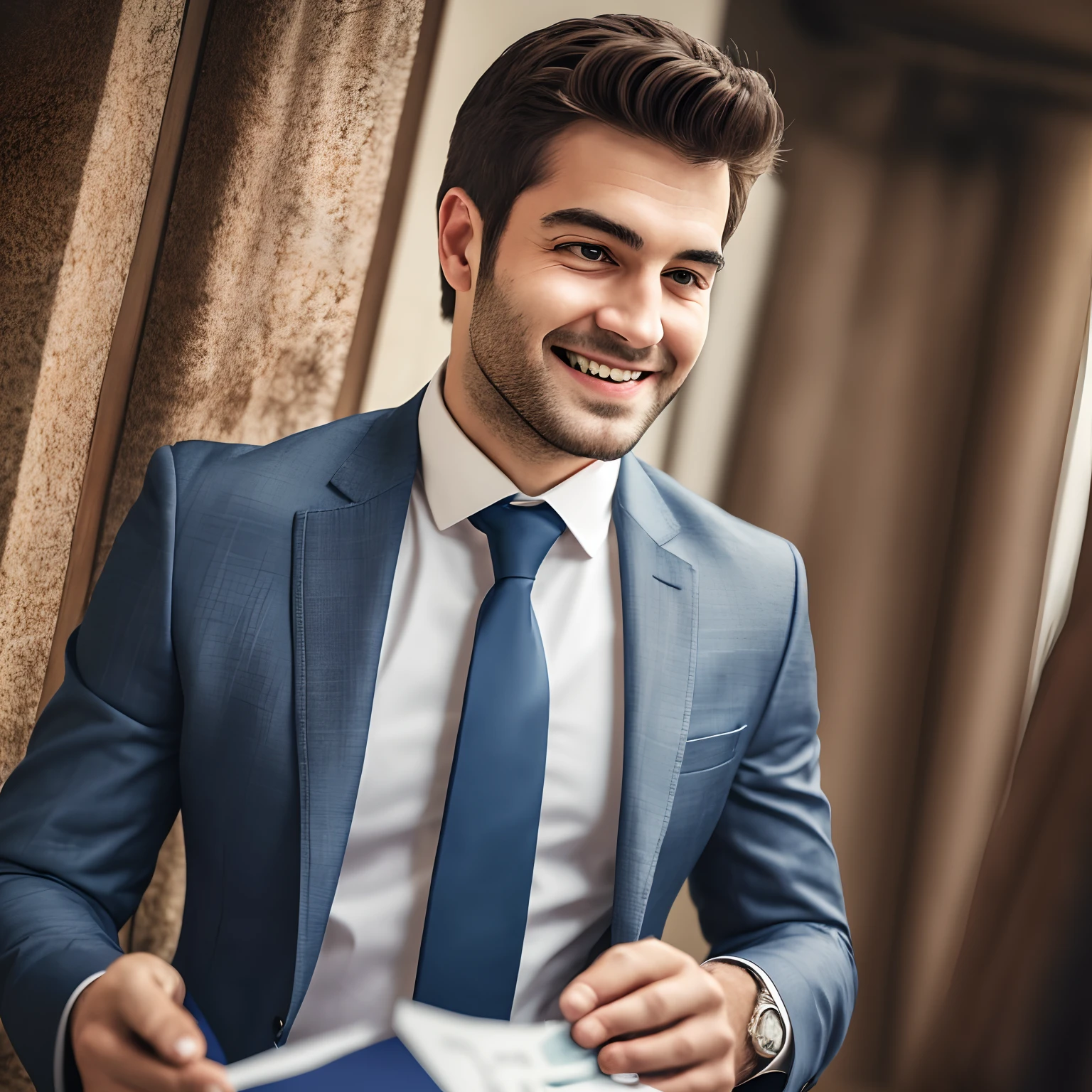 a Man standing with 30 years in suit and tie, body and head straight in the photo, DSRL, facing the viewer of the photo, eyes fixed to the lens, appears shoulders and head in the photo, man centered in the photo, 8k, best quality, masterpiece, realistic, realistic photo, movie photo, ultra realistic, 1 person, detailed,  folds a regular-sized check, puts it in their pocket, and and he walks away cheerfully, leaving others curious about the secret behind their smile. Perfect lighting, DSRL, professional photo, 4k