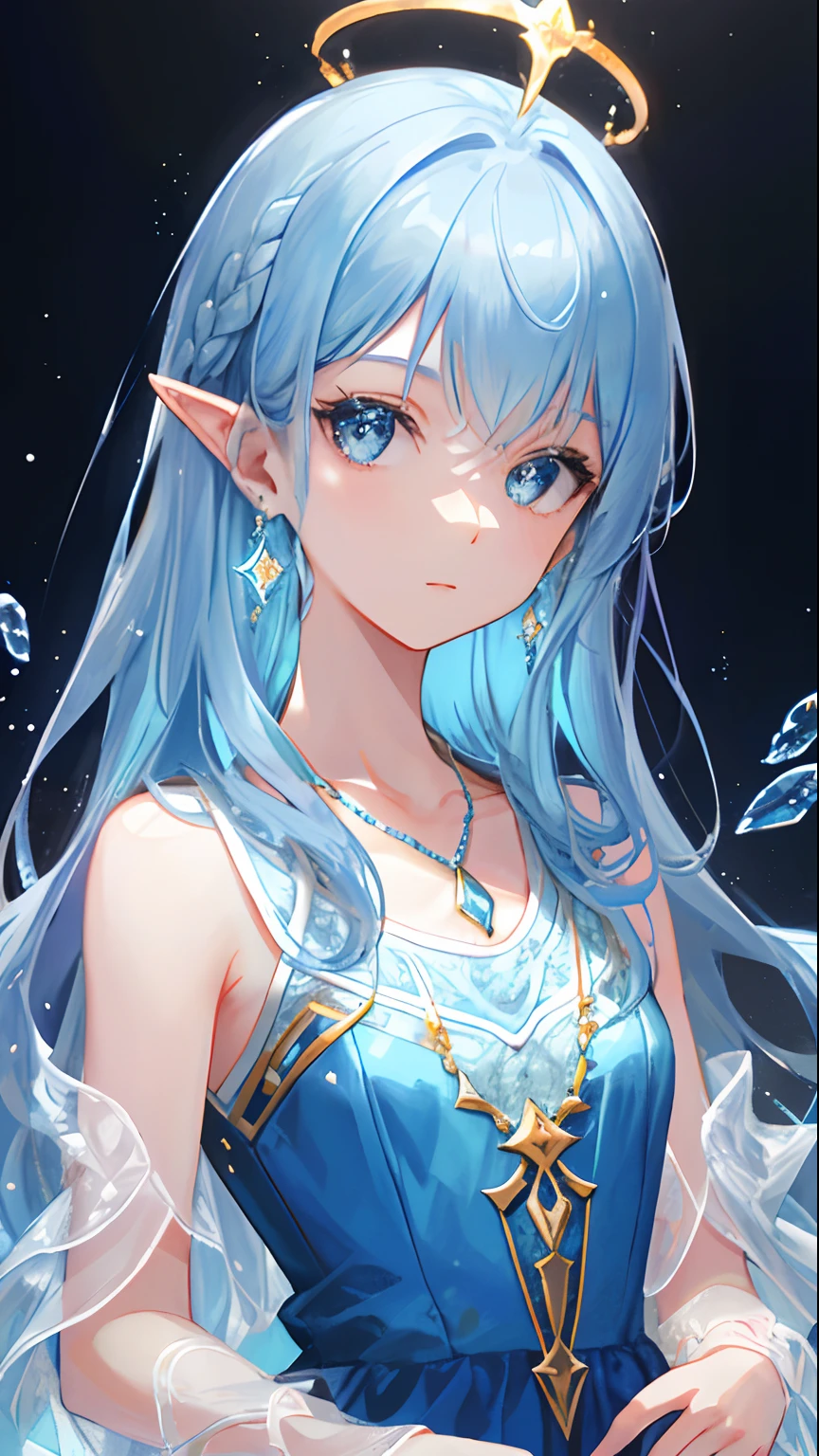 Masterpiece, superb, illustration, saxophone blue, platinum earrings, 1girl, cute, (dynamic light: 1.2), movie light, exquisite facial features, detailed eyes, sharp pupils, realistic pupils, depth of field, background blur, clear focus , (ultra-detailed, halo, glow: 1.4), many small gemstones, a crown woven with golden silk thread is worn in the ice blue hair, the ears behind the hair have pointed ears, the girl has a beautiful face, a pair of The necklace with the blue crystal pendant falls between the collarbone, and below it is the full white chest. She is wearing a water blue long dress, which is exquisite and gorgeous. The skirt has small pendants in the shape of water droplets made of various gemstones