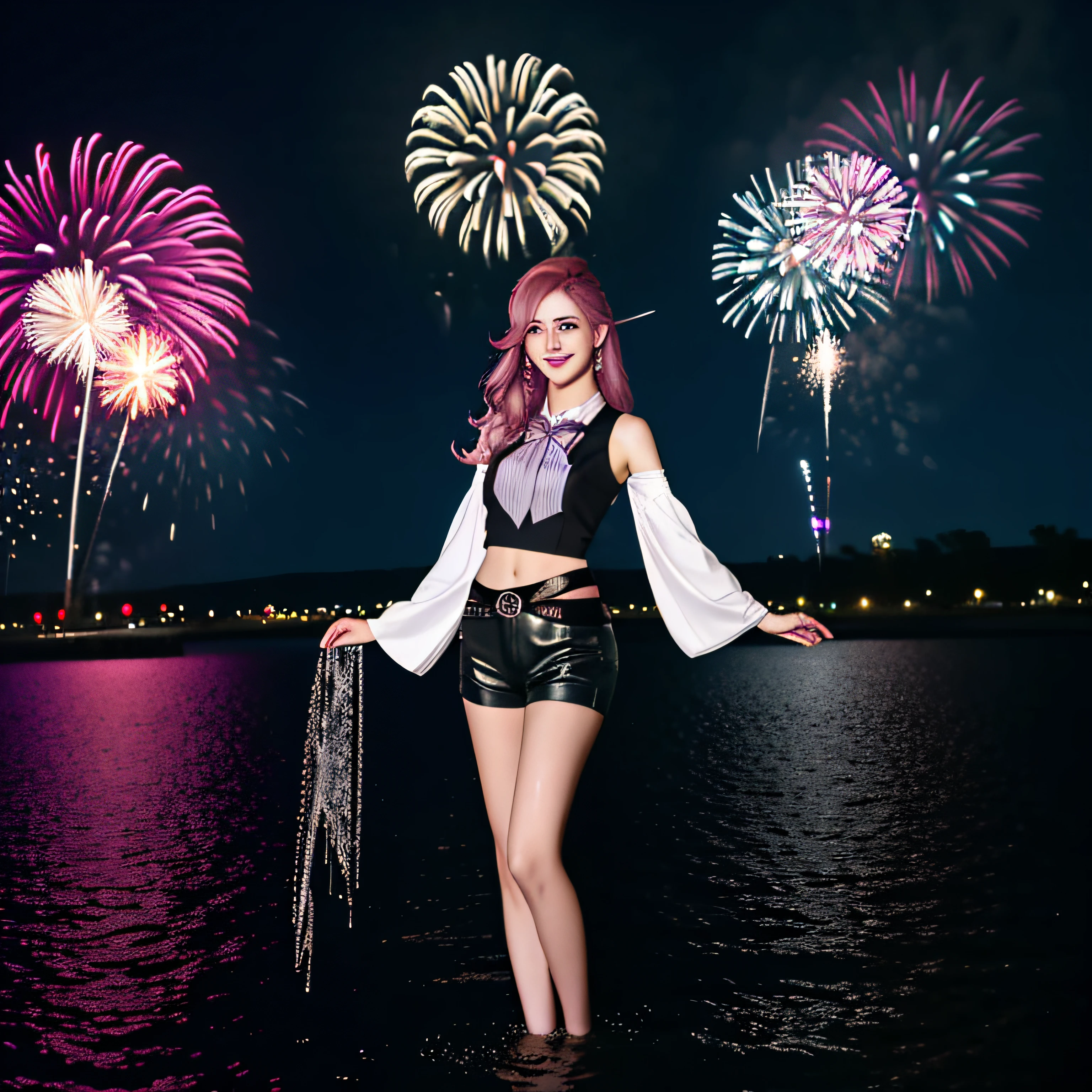 Keera, 1girl, pink hair, hair spread out, hair between eyes, very long hair, bowtie, parted lips, pointy ear, purple eyes, sleeves past wrists, black sleeves, black shorts, belt, detached sleeves, ahoge, heart necklace, navel, smile, looking at viewer, lily \(flower\),(fireworks),(aerial fireworks),firework background,(night),shrine,lake, light reflection \(water\), standing, from below , Colorful colors, surrounded by water bubbles,exaggerated perspective, Tyndall effect, water drops, mother - of - pearl iridescence, Holographic white,