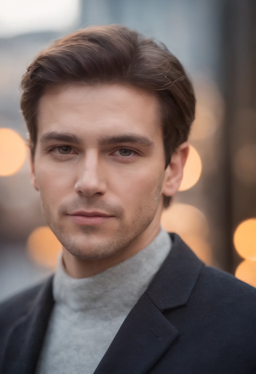Portrait photo of a male architect photo of the whole body, Des yeux parfaits, Porter un manteau mecha minable, ((Light Bokeh)), complexe, (steel metal [se reposer]), elegant, mise au point nette, photo par Greg Rutkovsky, softlighting, couleurs vives, Masterpiece, (rue)), Detailed realistic face, Gros plan du visage