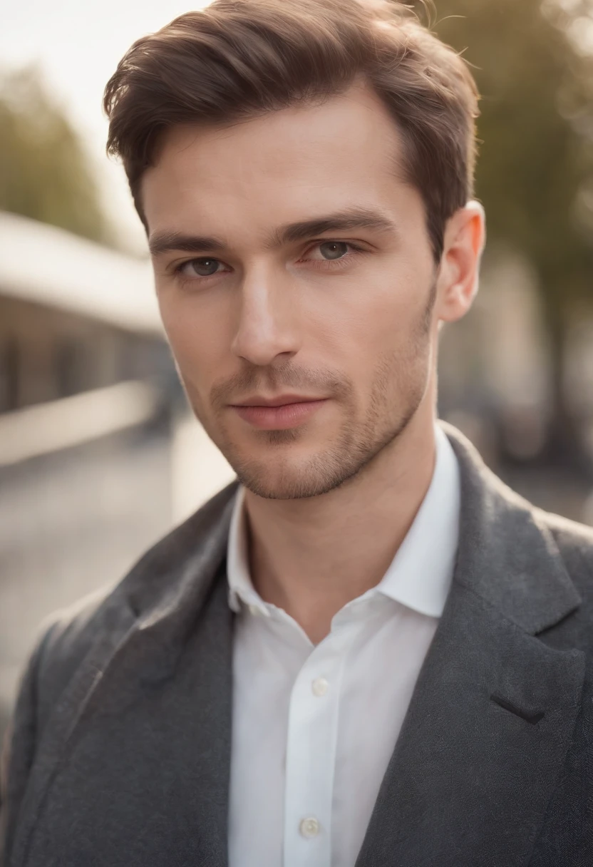 Portrait photo of a male architect photo of the whole body, Des yeux parfaits, Porter un manteau mecha minable, ((Light Bokeh)), complexe, (steel metal [se reposer]), elegant, mise au point nette, photo par Greg Rutkovsky, softlighting, couleurs vives, Masterpiece, (rue)), Detailed realistic face, Gros plan du visage