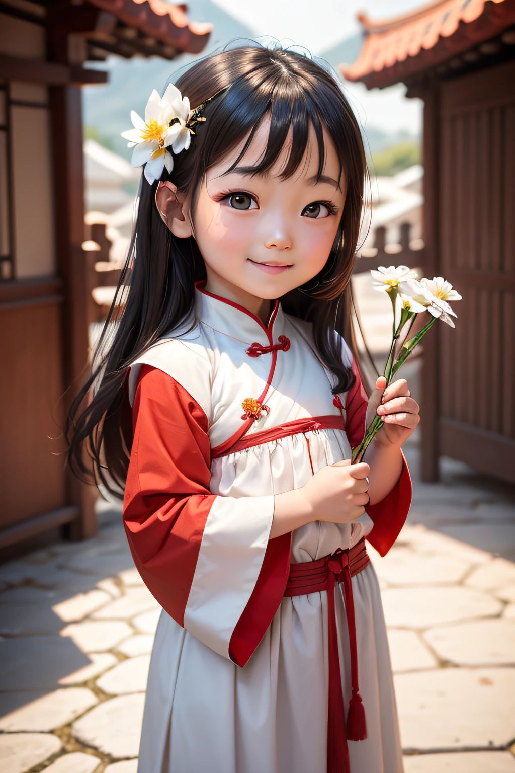 A lovely Chinese  girl with a white flower in her hand, smiling at the camera, 3 years Cliff style, happy, expressive, portrait illustration, medium lens, traditional Tang Dynasty white dress, bright color scheme, blurred background, depth of field - -niji 5