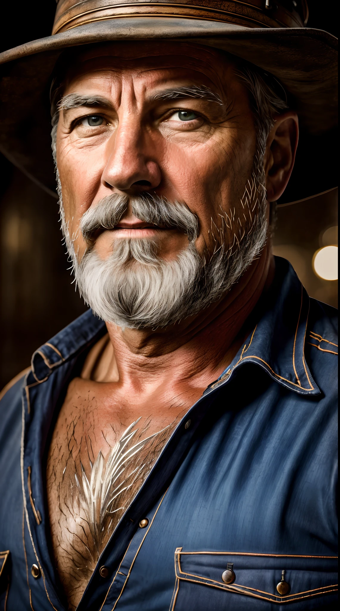 Sharpen, intaglio, hyper photorealism,closeup cleavage, Best quality, Ultra-detailed, Photorealistic 1.4, Super detailed skin, Natural hair color, (1 American man), 56 years old,miners,(Solo),traditional garb,in a city at night