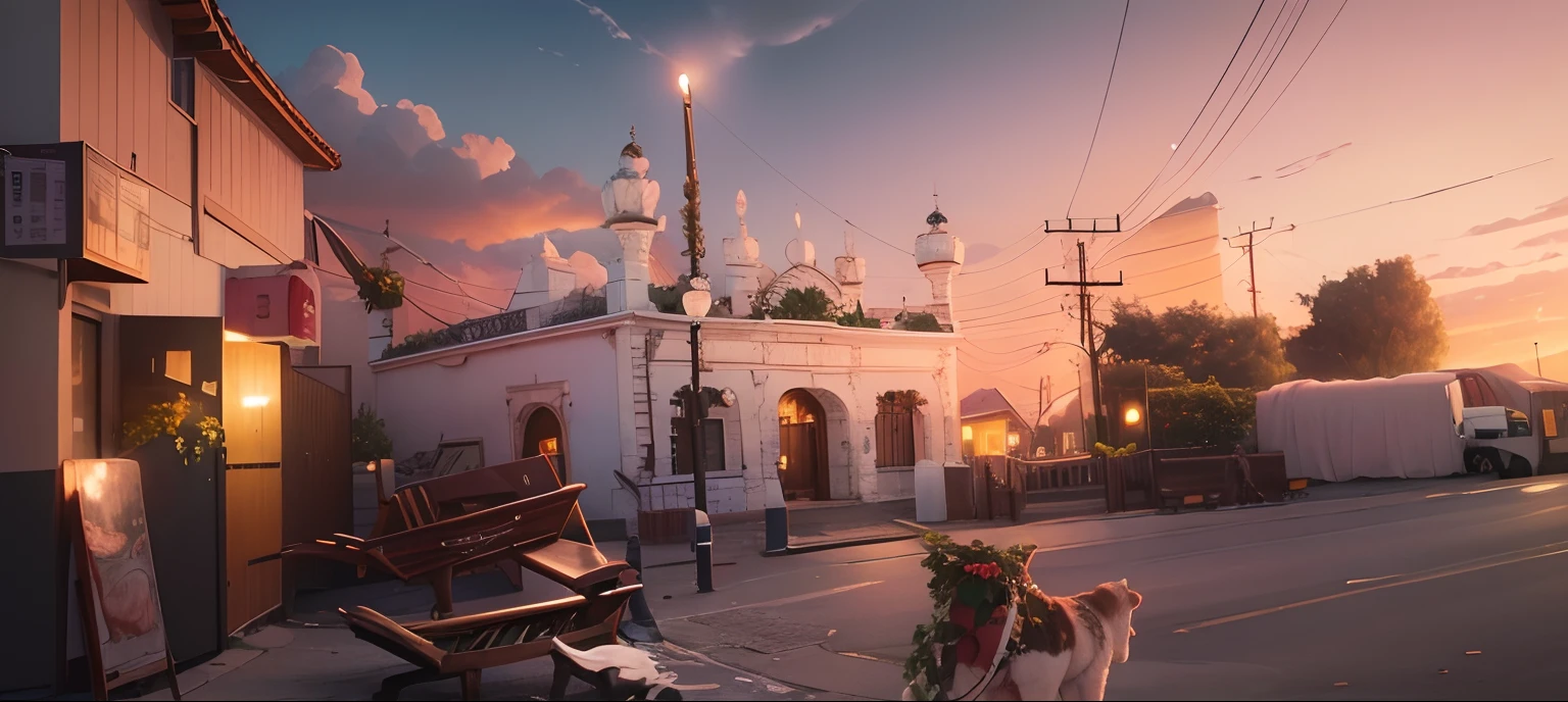 The sky is a magnificent sunset, In front of it is a row of white fences, The fence is covered with delicate roses, The colors of the roses are colorful, The whole picture is romantic, reality, high detail, Realism, chromatic aberration, chiaroscuro, UHD, masterpiece, ccurate, anatomically correct, super detail, high details, high quality, award winning, best quality, highres, 16k