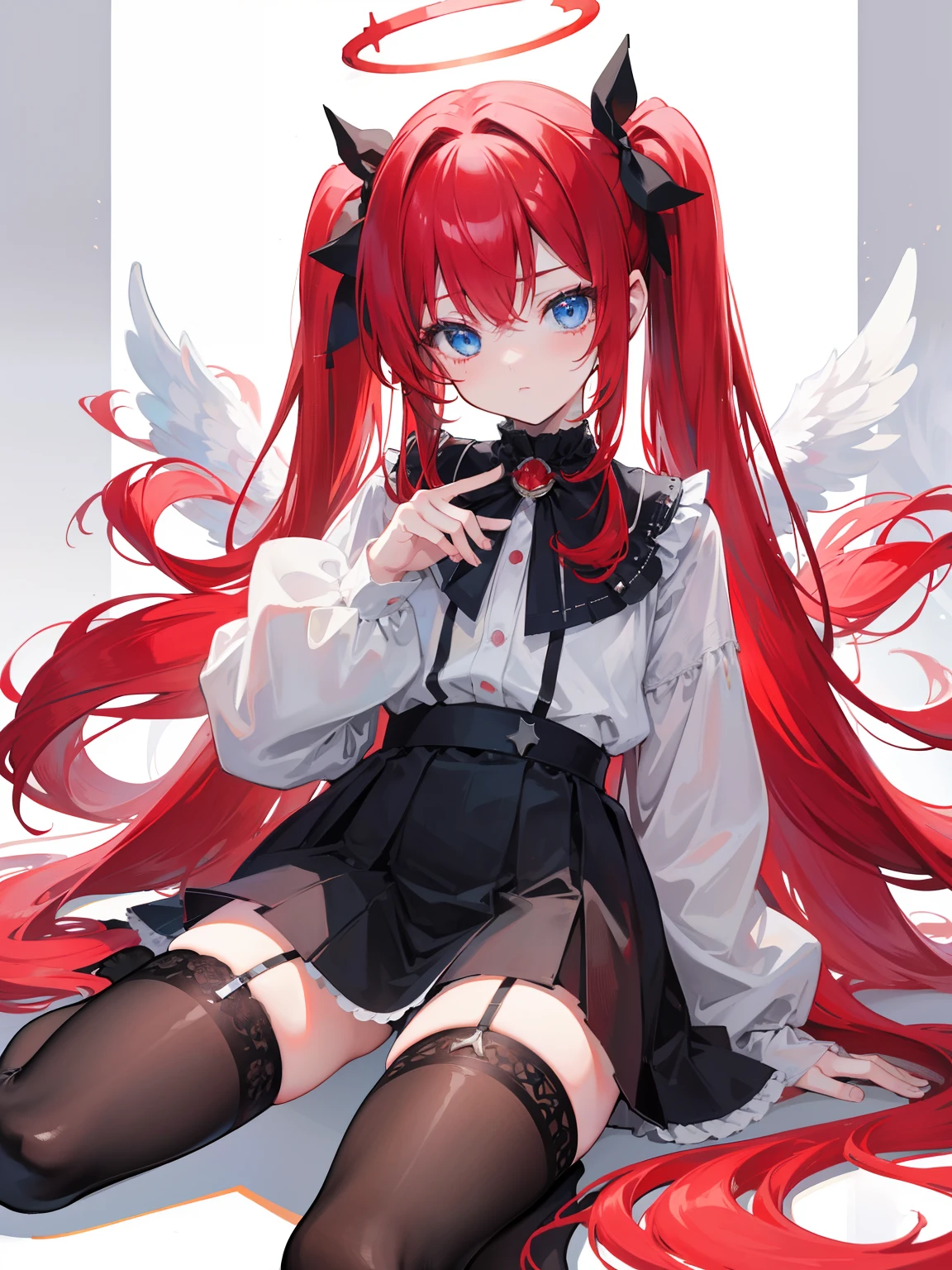 Red hair,Blue eyes,Twintails, Long hair, Solo, Loli, Black stockings,{{Best quality}}, {{Masterpiece}}, {{Ultra-detailed}}, {illustration}, {Detailed light}, {An extremely delicate and beautiful},Little girl,Cute,Angel, halo