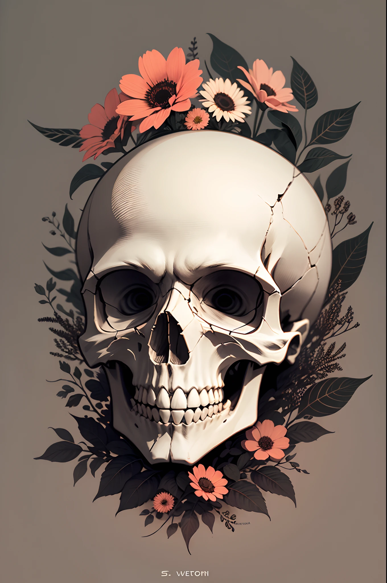 Floral decorated skull, lowkey lighting, fundo escuro, detalhado, macabro, arte de dali, surrealista, pintura digital, foco nítido, 8K Artistic Station