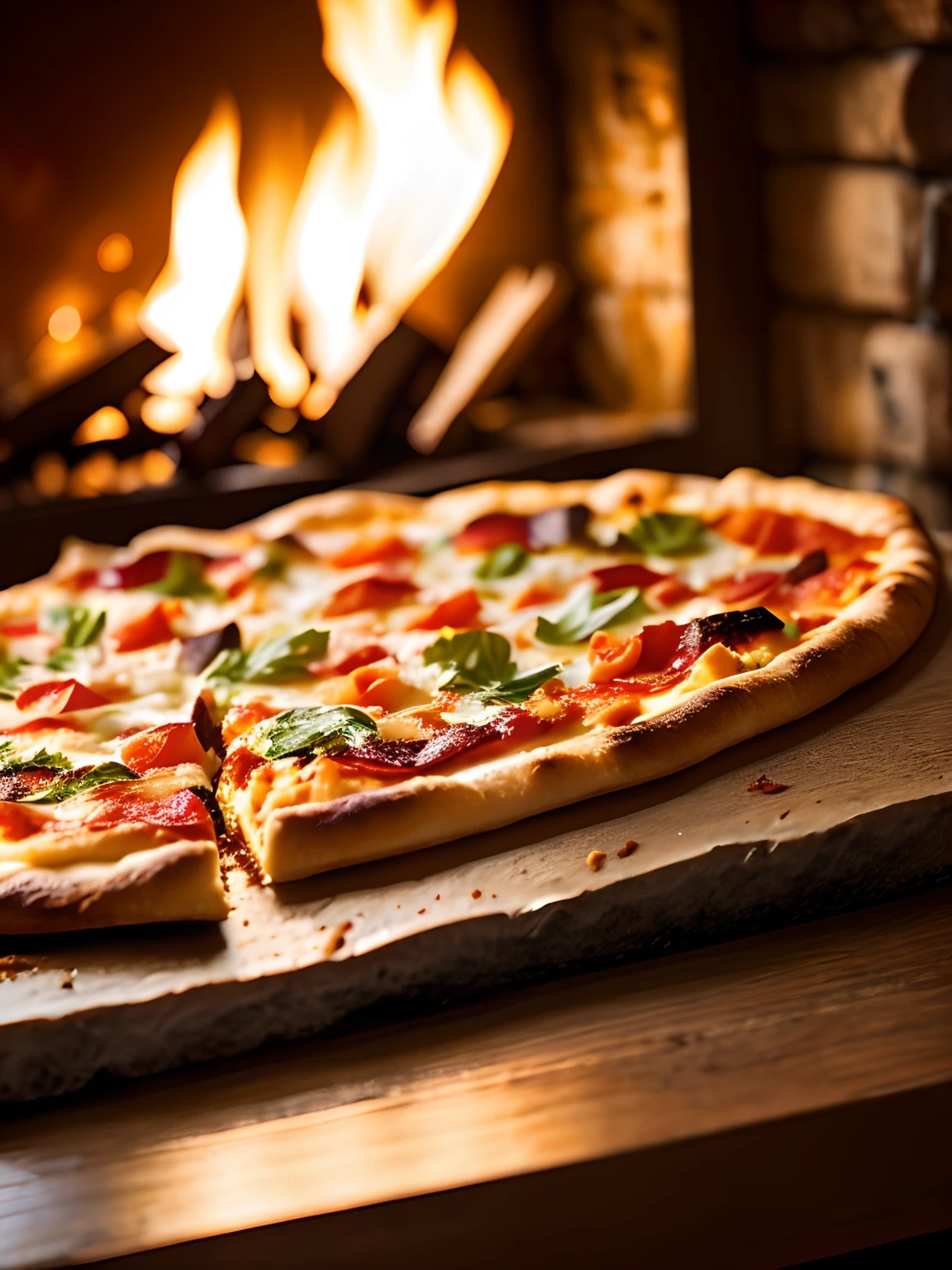 Macro photo of a slice of delicious pizza in front of a stone oven, fire oven, light it fire, food photography, advertising photography, macro crisp quality, warm colors, soft light, extremely detailed, beautiful, establishing shot, artistic, hyperrealistic, octane render, cinematic lighting, dramatic lighting, masterpiece, light brazen, extremely detailed