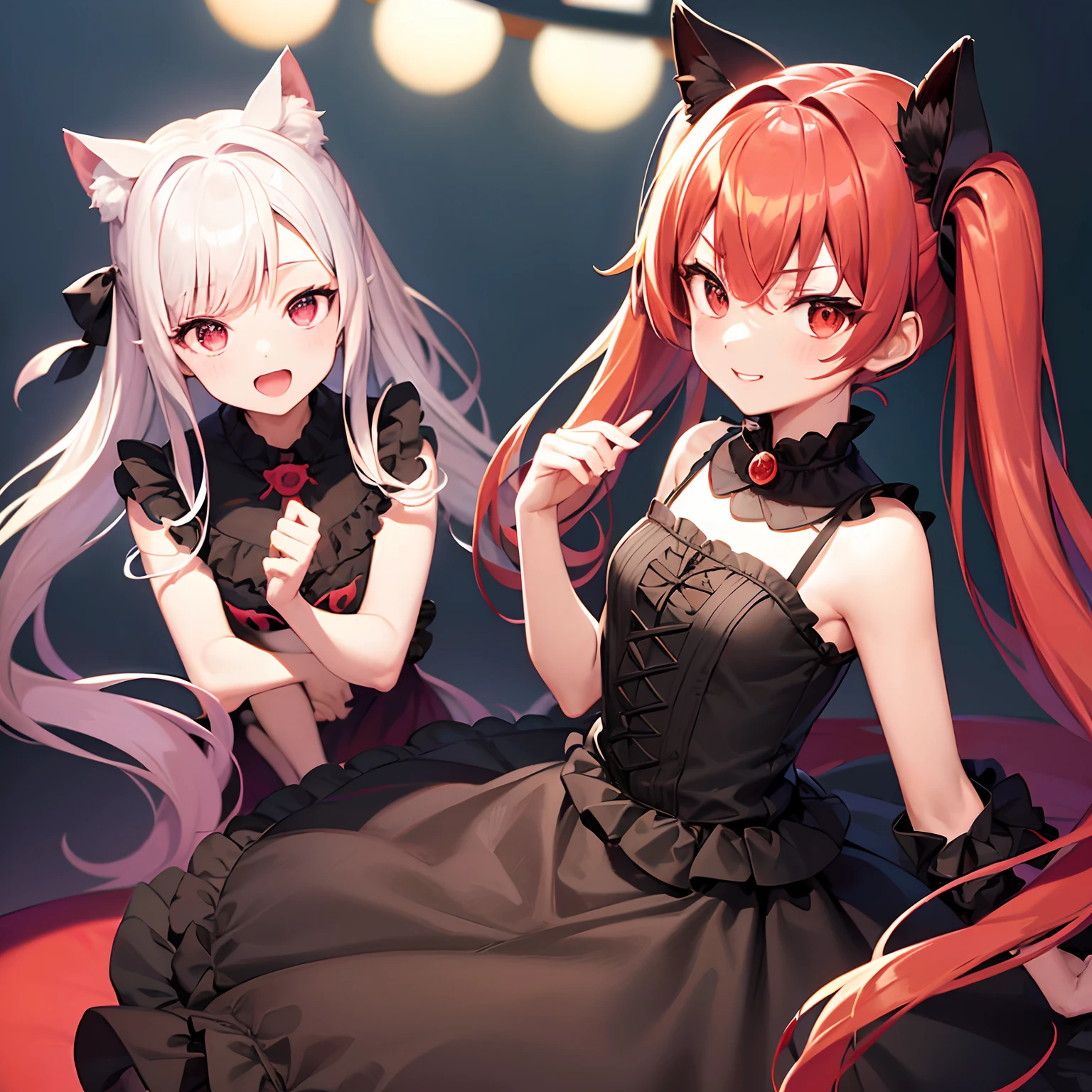 Anime filling,Two-dimensional illustration,Red hair,Half Twin Tail,shorth hair,Big eyes,A smile,a beauty girl,cute little,Super Cute,Black cat ears,Red Eyes,Ruffled Clothes,Black lace clothes,Inner colorGreen,One girl,Full body painting,A masterpiece of 2D art,(​masterpiece,Top image quality:1.3),(detaile:1.2),(女の子1人)