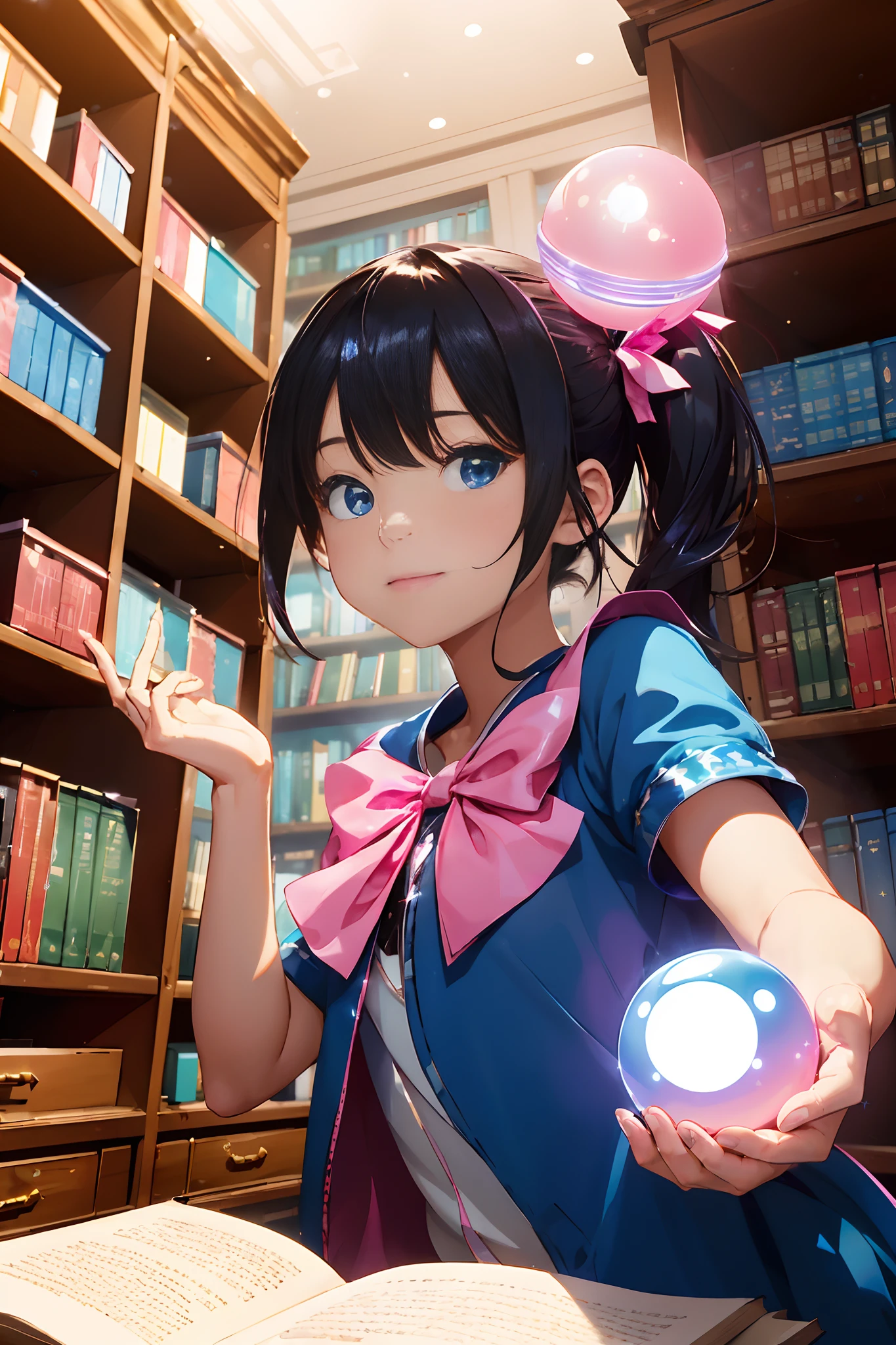 (in 8K, Best Quality, masutepiece:1.2, ultra-detailliert:1.2), (Realistic:1.5,photorealistic:1.2,Dutch Angle:1.2, NSFW), hight resolution, Best lighting,Best shadow, (1 cute girl:1.3),(16yo:1.2),(((1 Very shiny little blue magic ball with pink aura floating in the palm of your hand:1.8,Palm facing up:1.8))),((brown hair with ribbon:1.5,short twintail hair:1.2)),Face Focus,(((Detailed black eyes:1.6,best hand:1.5,Best fingers:1.5,The best body:1.5))),
BREAK
, magical girl, Manipulation of light,
BREAK
, photo manipulation, Changed reality, fantastical scenes, Digital Artistry, Creative editing, evocative narratives, striking visuals,(((Magic Workshop:1.5,Lots of bookshelves:1.2,A dimly glowing book:1.5))),
BREAK
, Kinetic Art, Cinematic works, dynamic motion, Engineering ingenuity, Captivating visuals