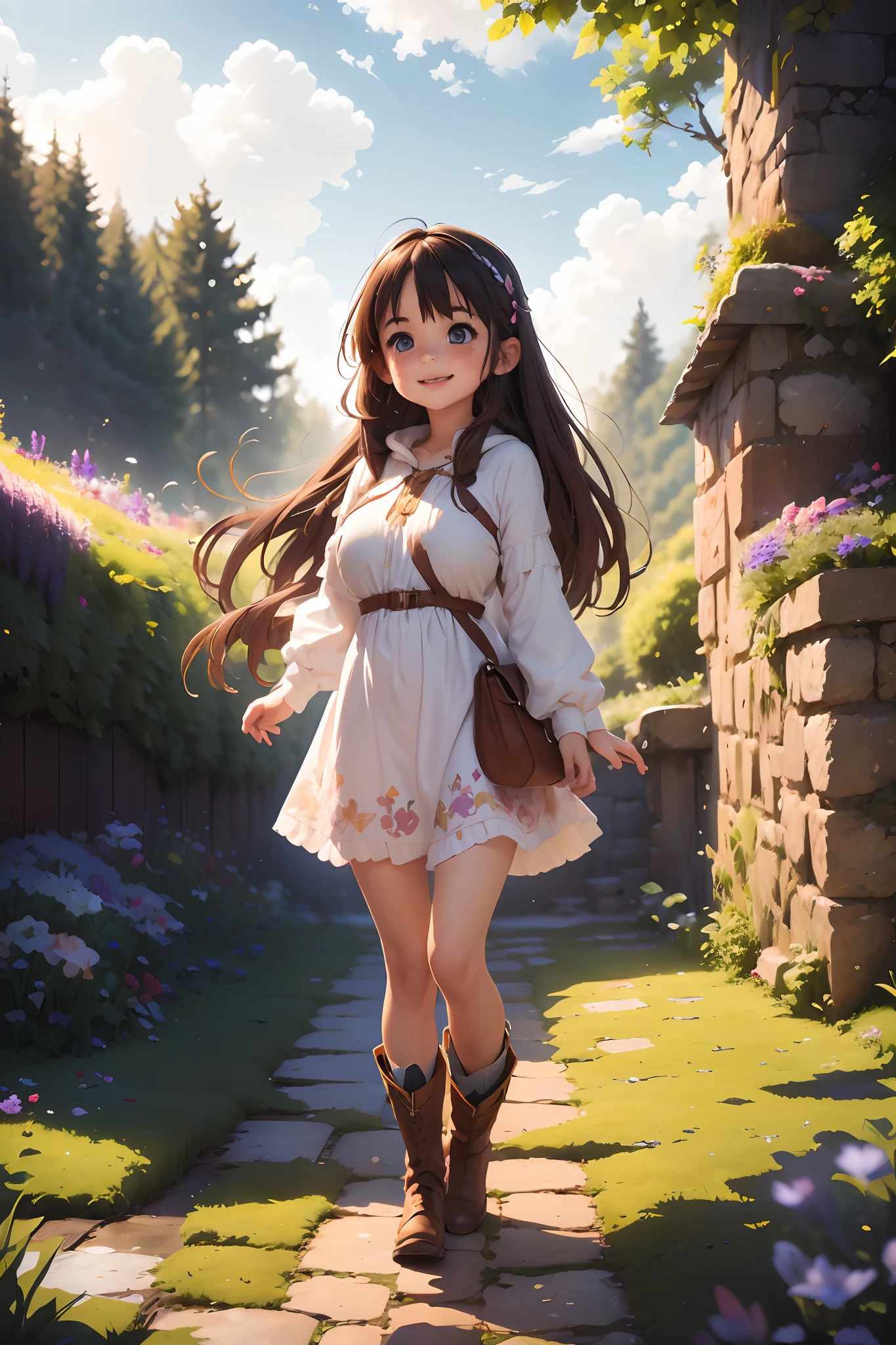 Best quality, (Masterpiece:1.2), illustration, absurderes,  (1girll, Solo), (Beautiful detailed girl),, Aeolia, Lilac hair, long whitr hair,  cheerfulness, cheerful big breasts,  shift dresses, coat large, (fantasy:1.1) (medieval:1.1) Outfit,, White shirt, brown shorts, Fleece-lined boots, Brown boots,, a magical forest, Flowers, Fairy ring, Ancient ruins, Stone ruins, Lake, sky, Clouds