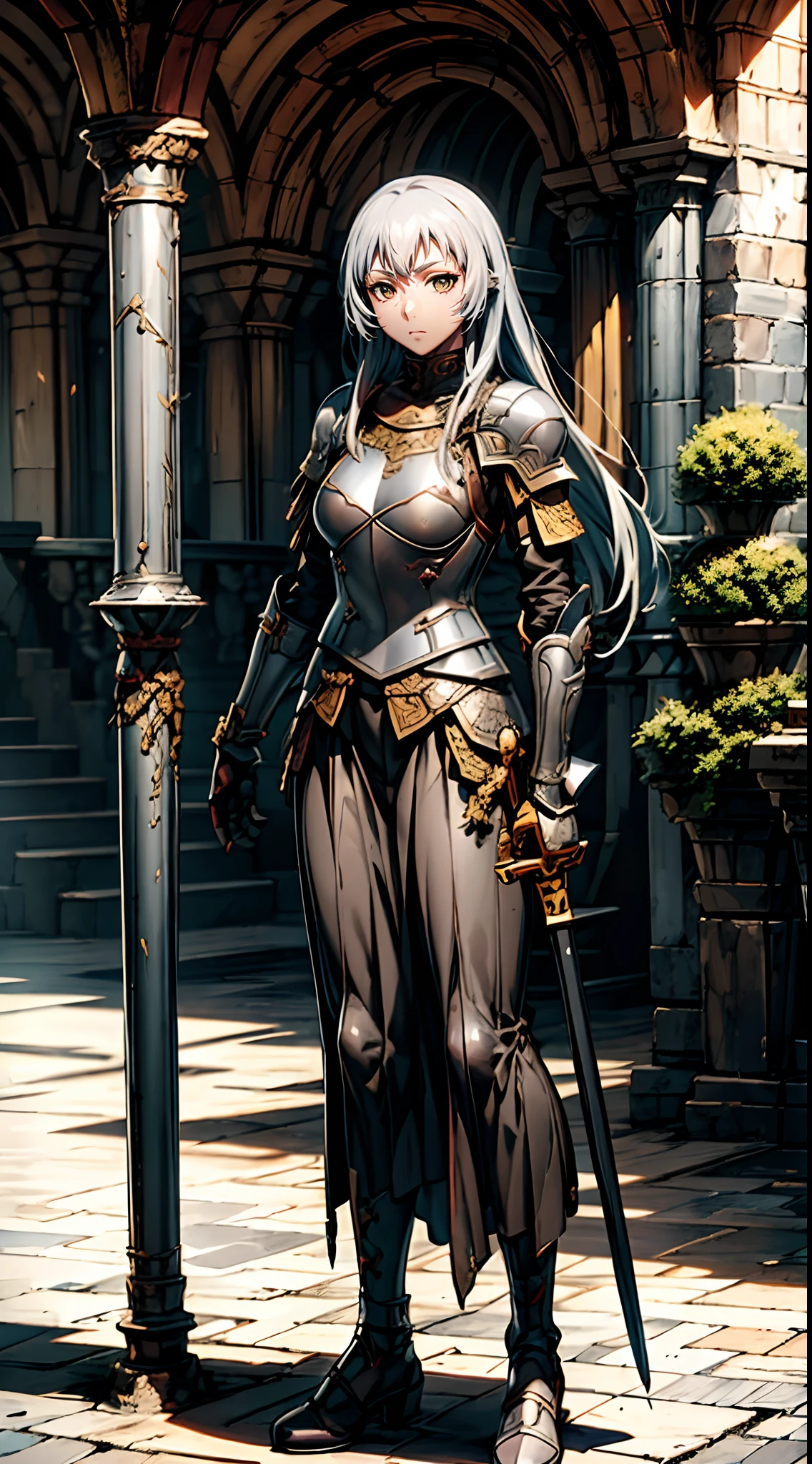 Shiryuu, tunic, saber holding, standing closed eye, silver hair,full body, armored, assasin killer murder armor, mystic armor, character in medieval city, fantasy city, surreal city, fantasy setting, ruins, long skirt,woman-medieval-clothes